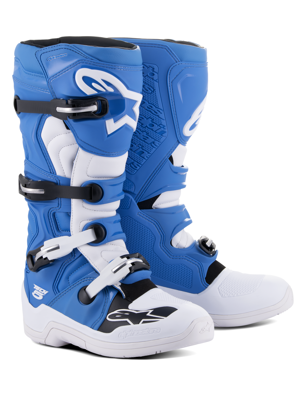 Alpinestars Tech 5 støvler, motocross- og off-road støvler, blå og hvid, multi-materiale konstruktion med fire sort-hvide spænder, hvid skinnebensplade med stort Astars-logo og holdbar hvid sål