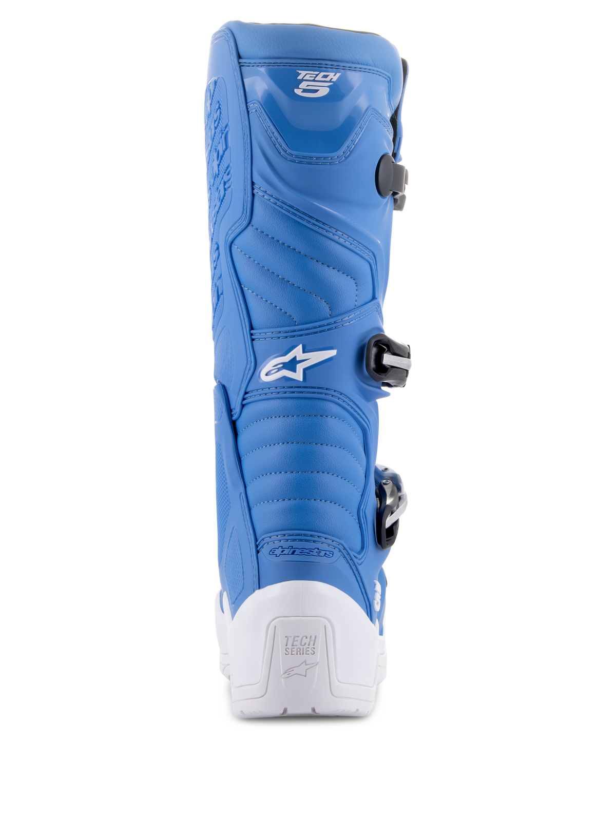 Alpinestars Tech 5 støvler, blå og hvid, set bagfra med hvid beskyttende hæl og Tech Series-logo, blå mikrofiber-overdel med harmonikaflexzoner og sort spændesystem, performance motocross-fodtøj