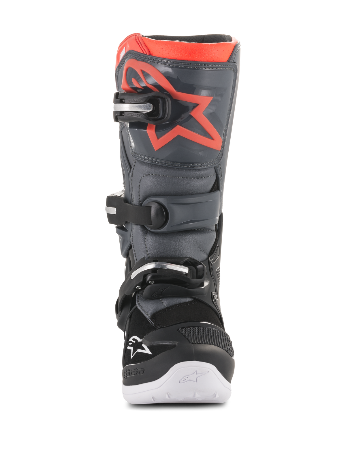 Alpinestars Youth Tech 7S Boots, Motocross Boots, Black and Dark Gray with Fluorescent Red accents, front view, featuring TPU shin plate with red star logo, three buckle closure system, and white integrated sole, durable off-road protective gear