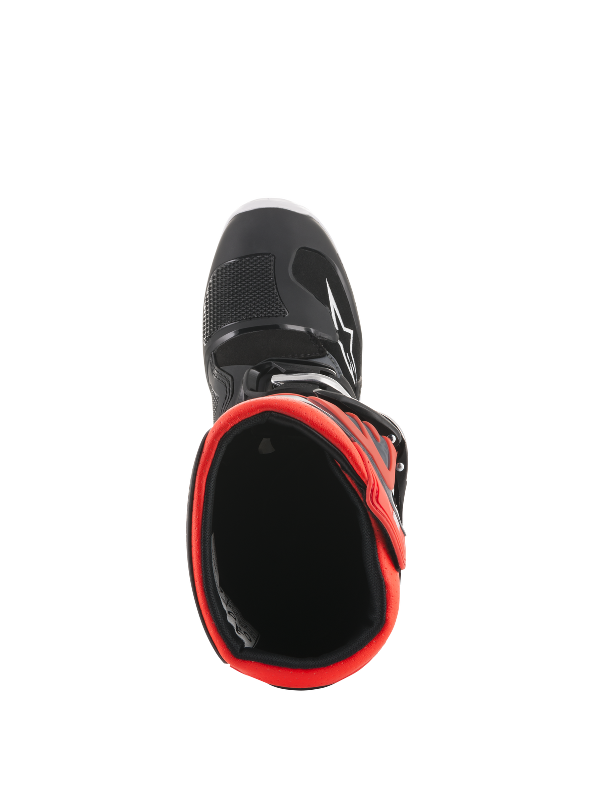 Alpinestars Youth Tech 7S Boots, Motocross Boots, Black and Fluorescent Red, top-down view looking into the red inner lining, featuring a black outer shell with white star logo and durable synthetic construction