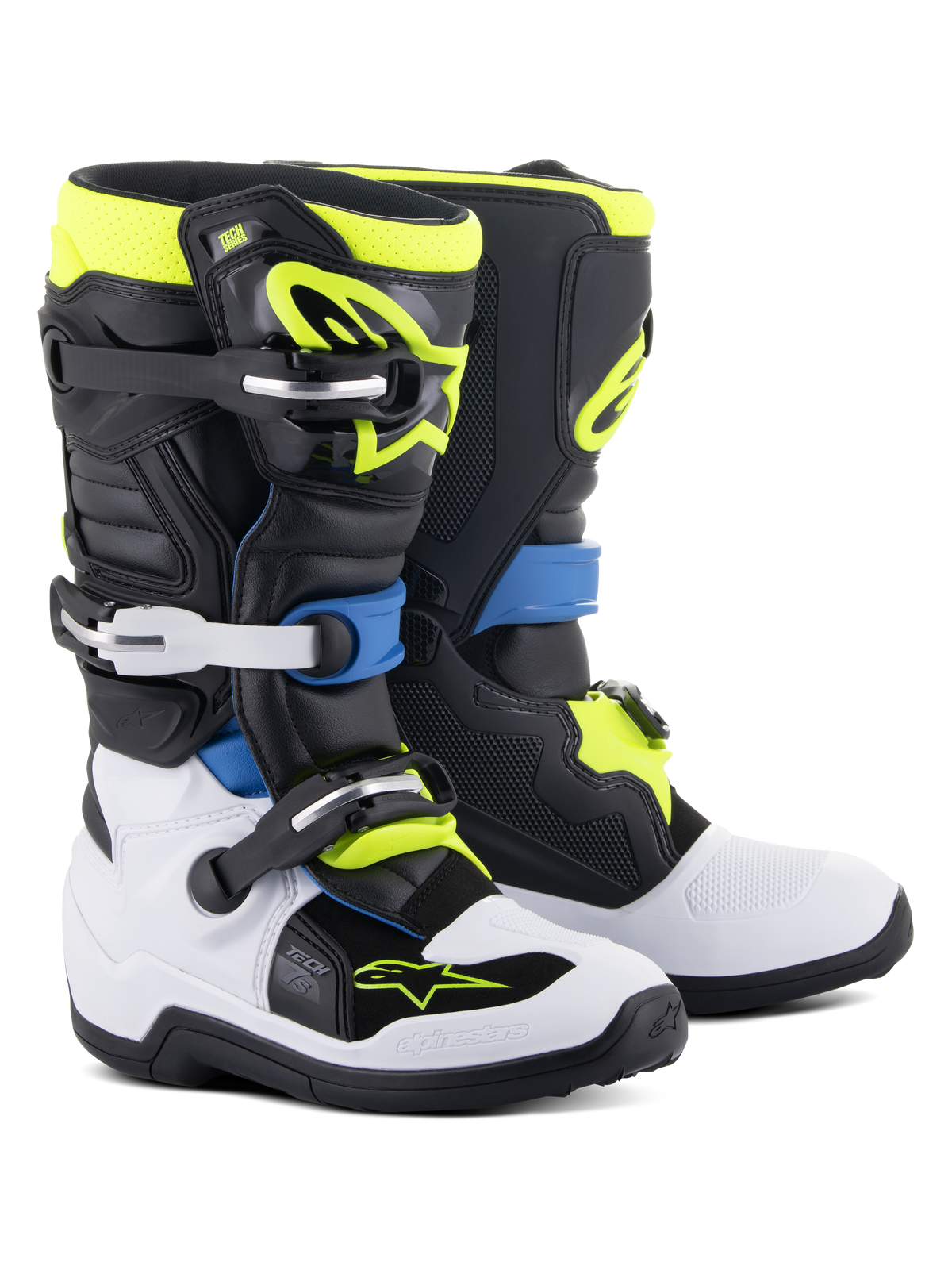 Alpinestars Youth Tech 7S støvler, motocrossstøvler, sort, emaljeblå, gul fluo og hvid, med robuste spændelukninger, TPU-skinneplader og fleksibelt pivot-system til junior off-road kørsel