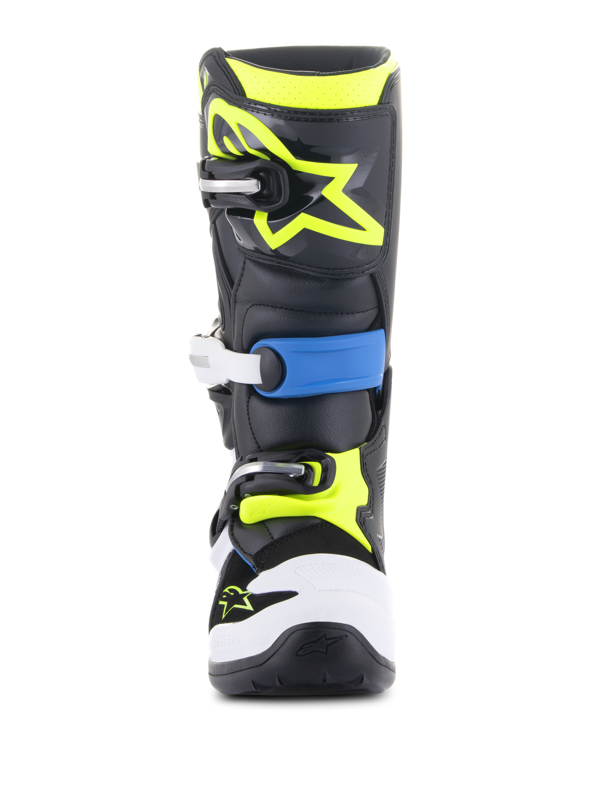 Alpinestars Youth Tech 7S støvler, motocross-støvler, sort, emalje-blå og neongul, set forfra med holdbart multispænde-lukkesystem, hvid tåbeskytter og et neongult Alpinestars-logo på skinnebenspladen