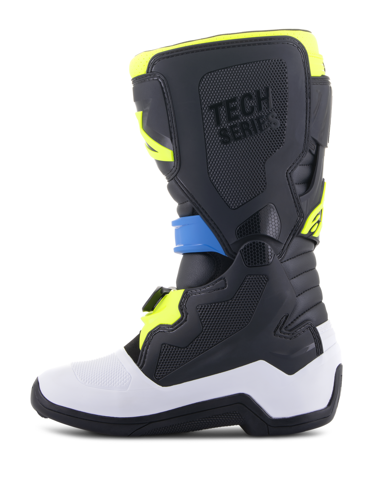 Alpinestars Youth Tech 7S støvler, motocrossstøvler, sort, emaljeblå og fluo gul, med hvid nedre skal, beskyttende sorte TPU-paneler med 'TECH SERIES'-branding og et sikkert spændesystem, designet til juniorryttere.
