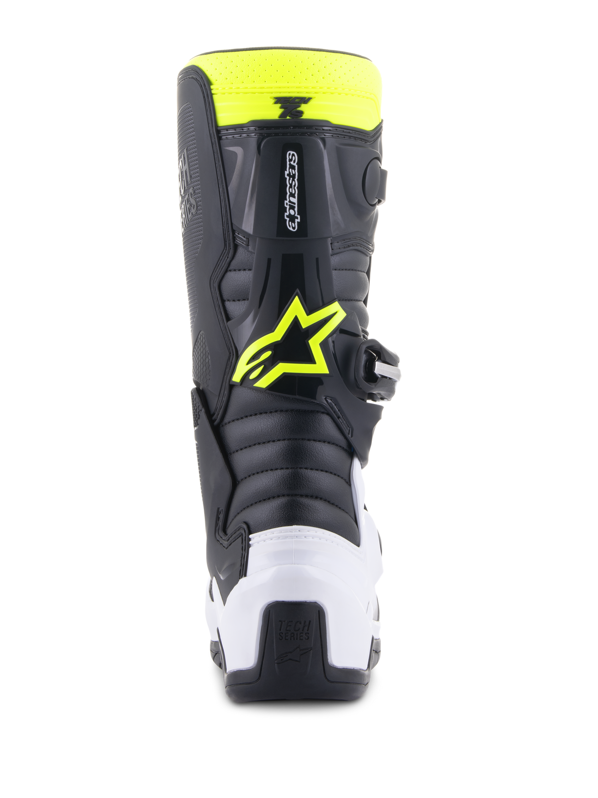 Alpinestars Youth Tech 7S støvler, motocross-støvler, sort, hvid og gul fluo, set bagfra med en hvid hælbeskytter og neongult Alpinestars-logo, holdbart off-road racerfodtøj til junior-ryttere