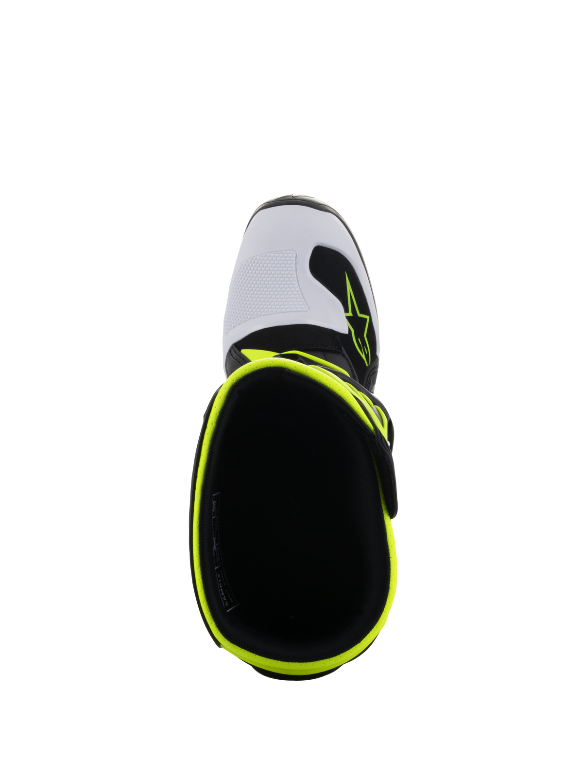 Alpinestars Youth Tech 7S støvler, motocross-støvler, sort, hvid og gul fluo, set ovenfra med visning af den indvendige åbning og fluorescerende gul kant, hvid tåboks med Alpinestars-logo, højtydende beskyttende fodtøj til unge