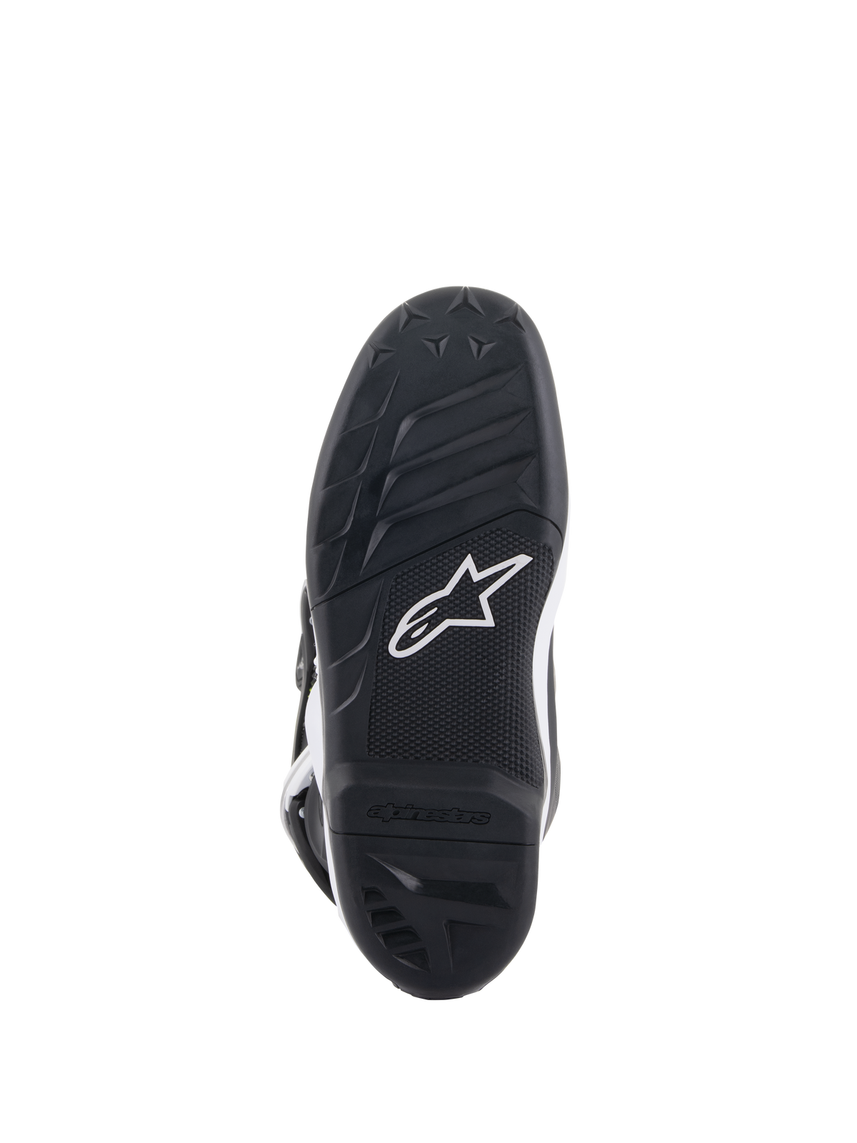 Alpinestars Youth Tech 7S støvler, visning af undersålen, sort gummi med tekstureret grebsmønster og hvidt Alpinestars-logo, holdbar gummiblandingskonstruktion til ungdomsmotocross