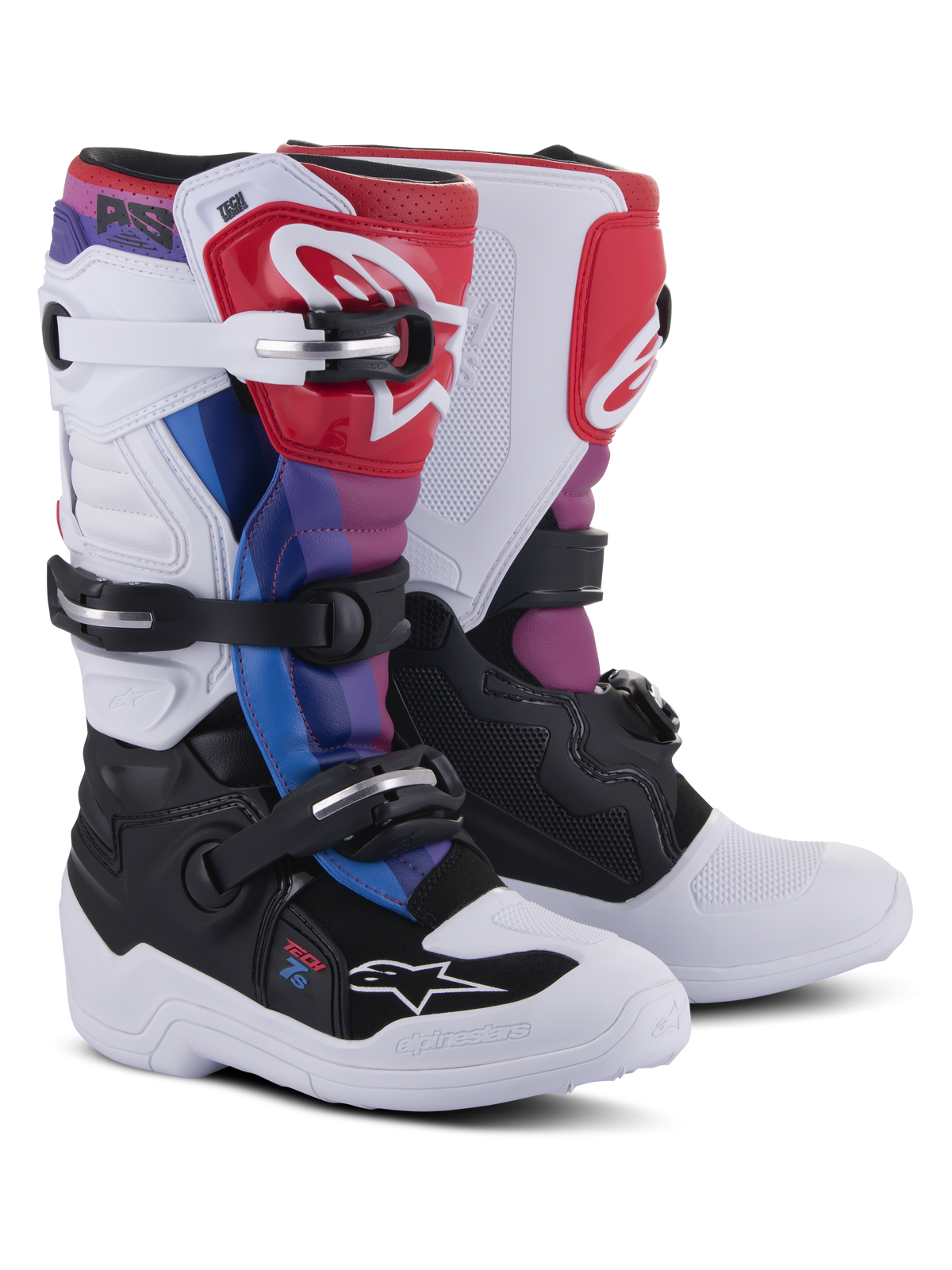 Alpinestars Youth Tech 7S Boots, Motocross Boots, White Black Rainbow, featuring a white and black base with red, blue, and purple accents, multi-buckle closure system, and protective shin plate for off-road racing