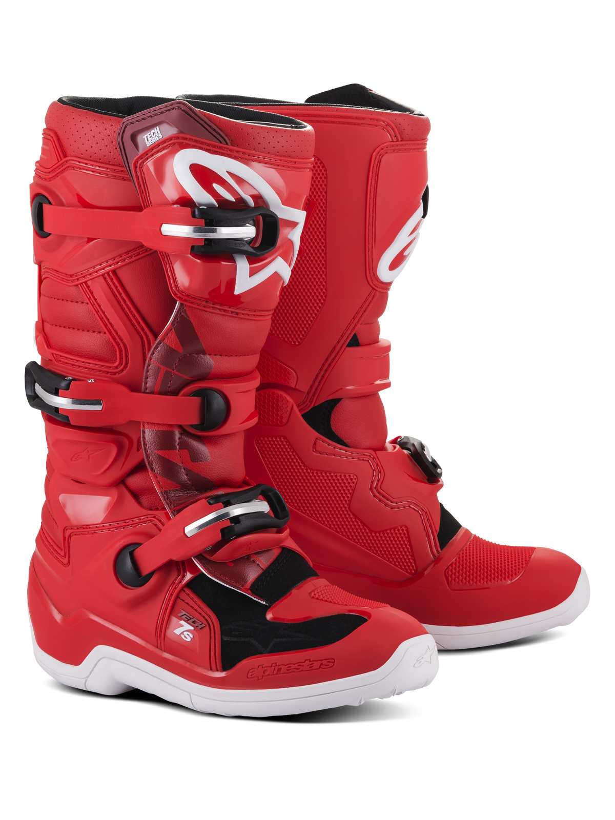 Alpinestars Youth Tech 7S Boots, Red Motocross Boots with white and black accents, featuring a triple buckle closure system, white Alpinestars logo on the shin, and a durable white sole