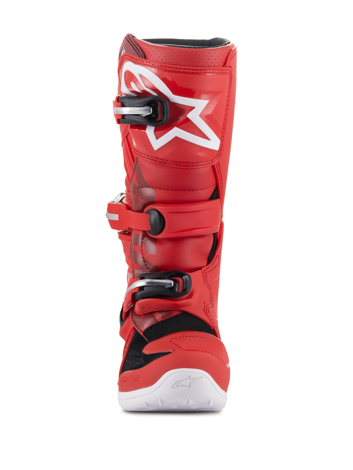 Alpinestars Youth Tech 7S Boots, Youth Motocross Boots, Red, featuring white star logo on the shin, black and silver buckle system, white sole, durable construction for off-road riding, front view