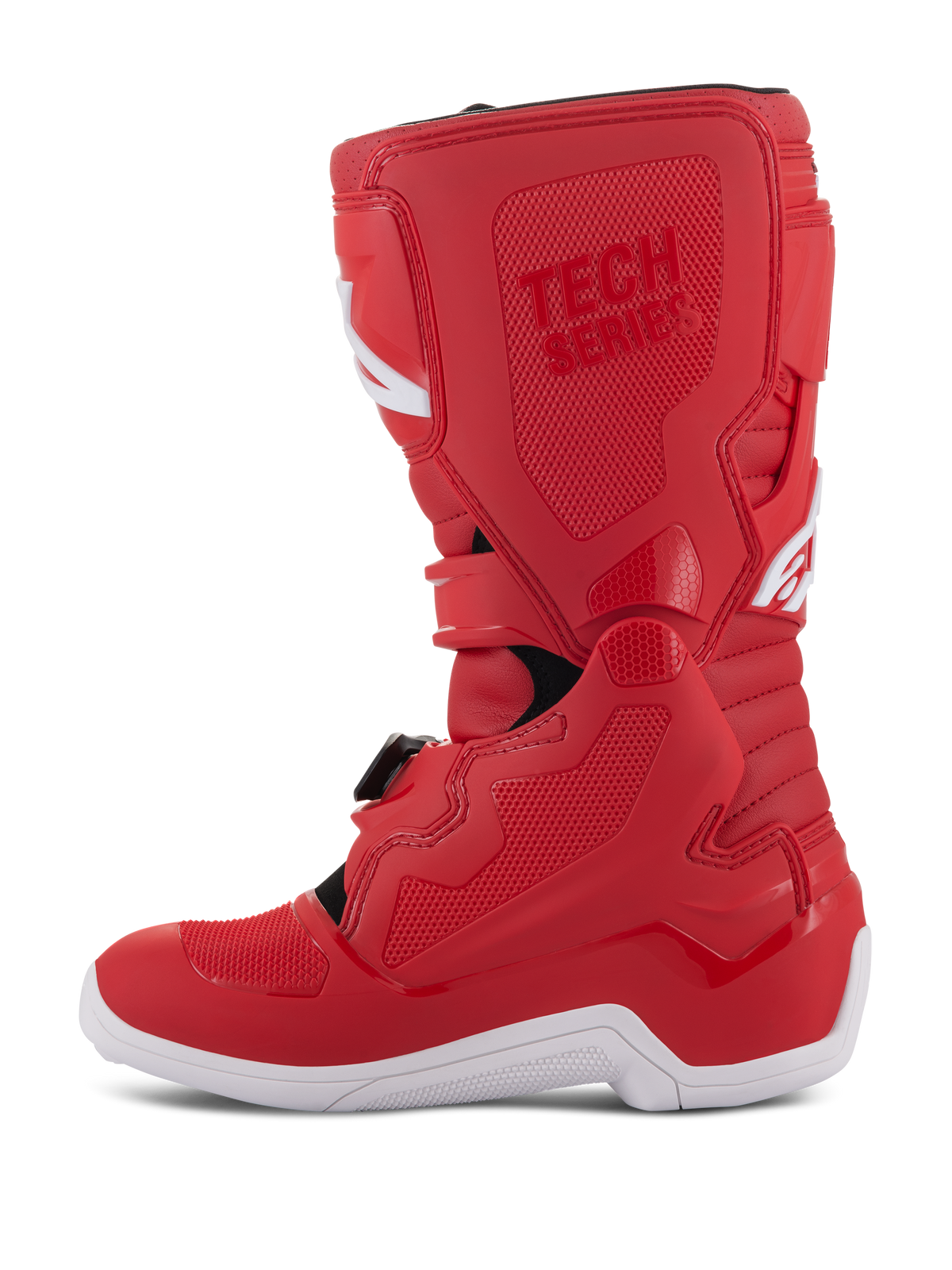 Alpinestars Youth Tech 7S Boots, Youth Motocross Boots, Red, featuring a white sole, TPU reinforced panels, multiple buckle closures, and 'TECH SERIES' branding, designed for junior off-road riders