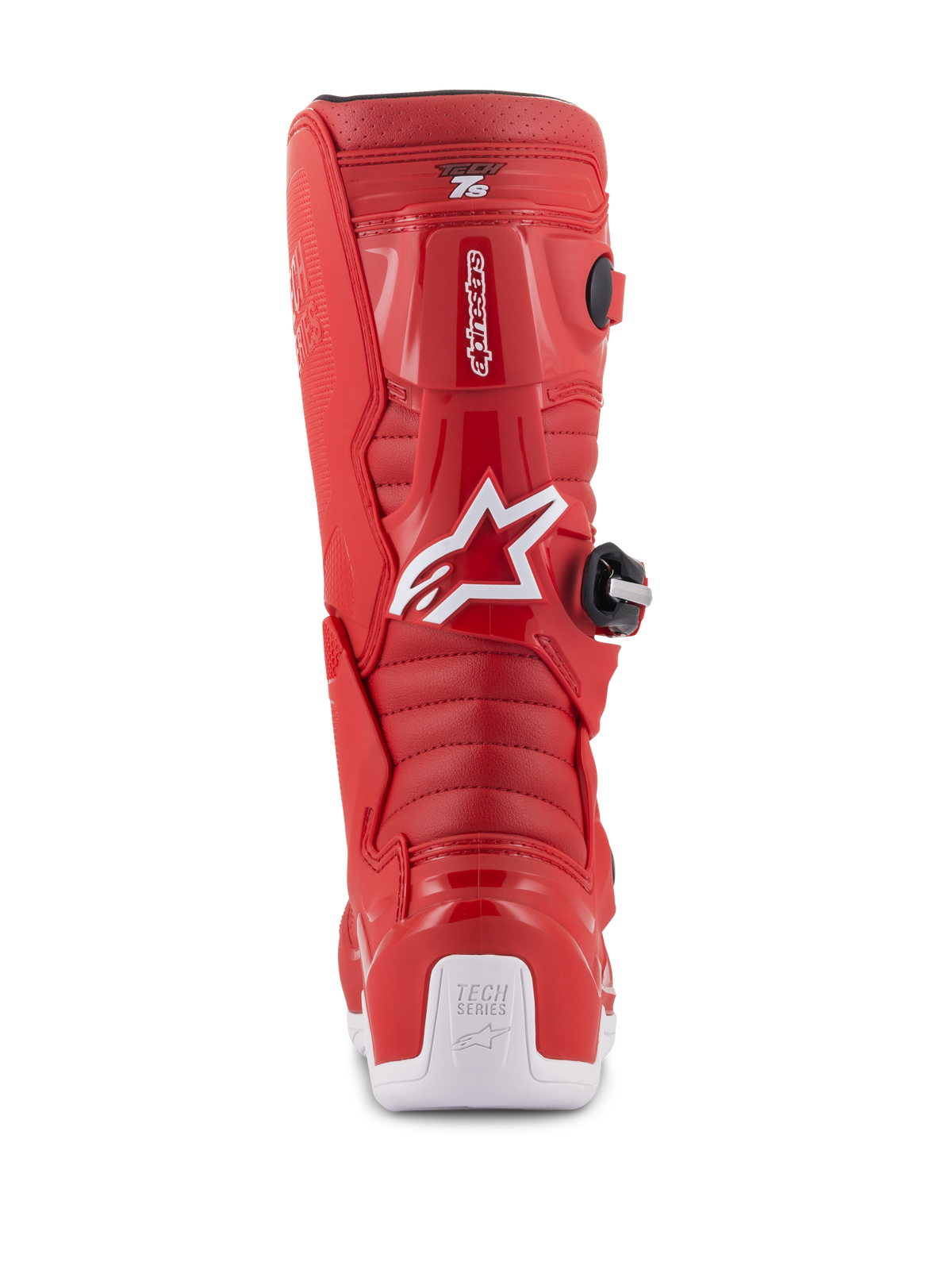 Alpinestars Youth Tech 7S Boots, Red Motocross Boots, rear view featuring white Alpinestars logo and heel protector, ribbed flex zones, protective TPU construction for youth off-road racing