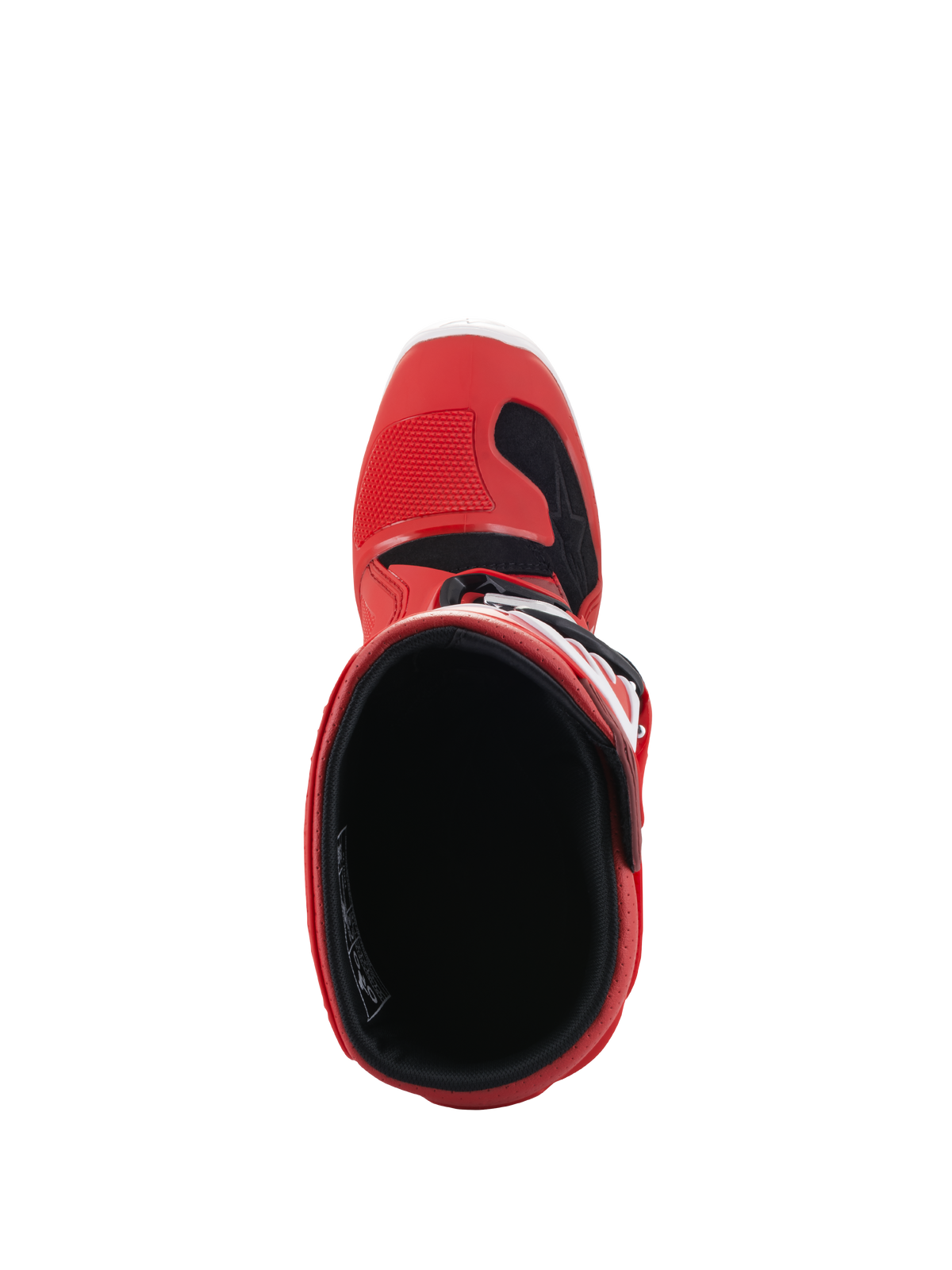 Alpinestars Youth Tech 7S Boots, Motocross Boots, Red, top-down view showing the interior lining and opening, red outer shell with black and white accents, designed for junior off-road riders