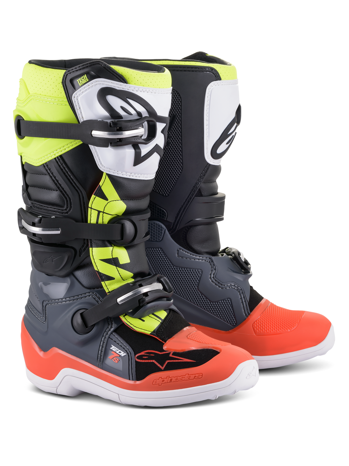 Alpinestars Youth Tech 7S støvler, motocross-støvler, mørkegrå med røde og fluorescerende gule detaljer, hvid TPU-skinnebensplade med sort logo, tredobbelt spændelukningssystem og holdbar hvid sål, designet til junior off-road-ryttere