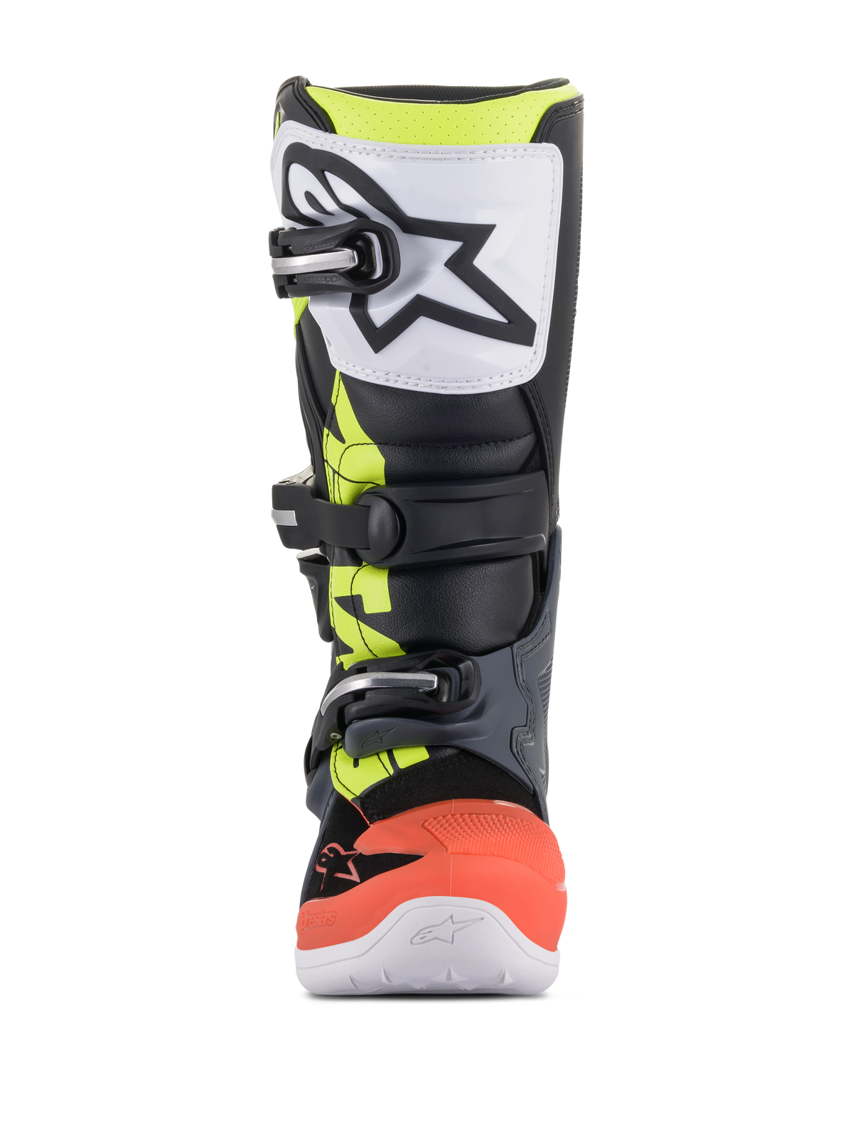 Alpinestars Youth Tech 7S støvler, motocross-støvler, mørkegrå, fluorescerende rød og gul med hvide detaljer, set forfra med hvid TPU-skinnebensplade med sort logo, tredobbelt spændelukningssystem, holdbar syntetisk konstruktion til junior-off-road-ryttere