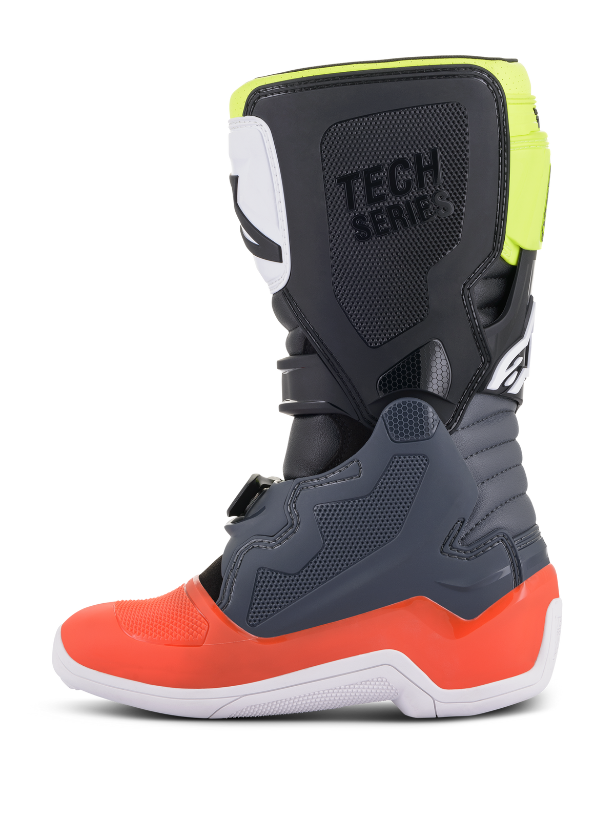 Alpinestars Youth Tech 7S støvler, motocross-støvler, mørkegrå med røde og fluorescerende gule detaljer, set fra siden, hvid sål, 'TECH SERIES' branding og holdbare TPU-beskyttelsespaneler