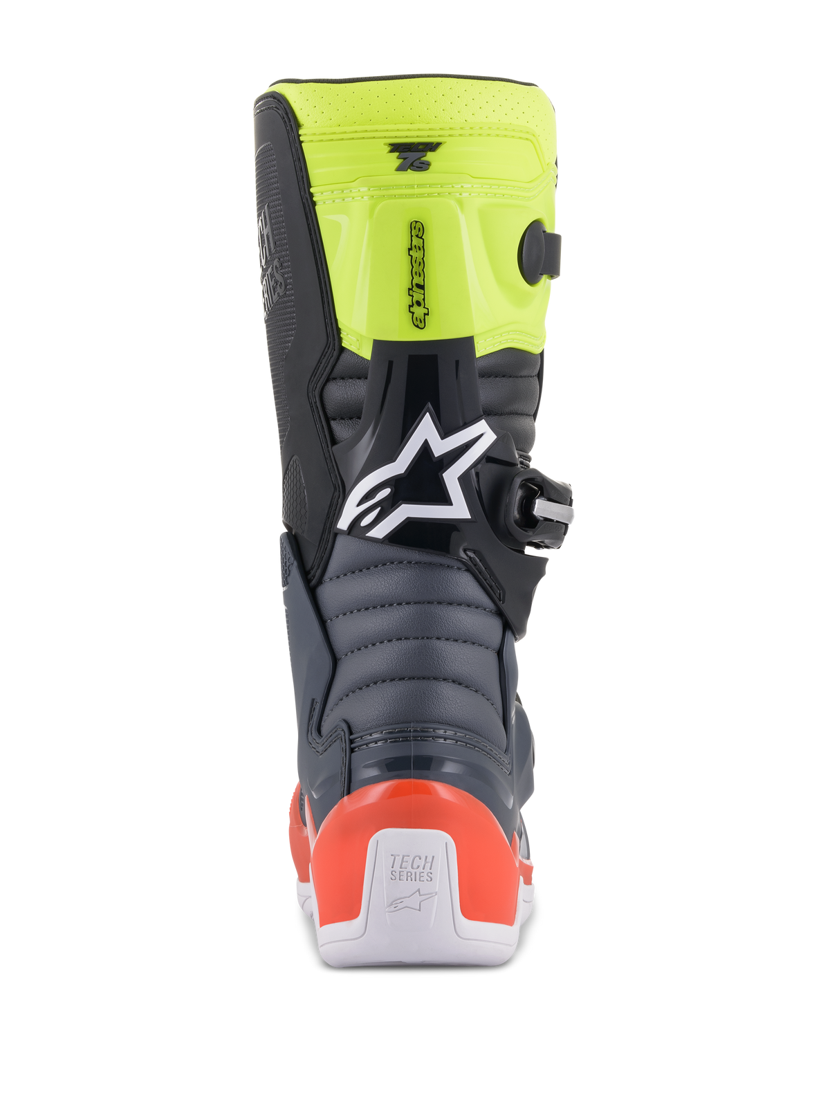 Alpinestars Youth Tech 7S støvler, motocross-støvler til unge, mørkegrå, fluoriserende rød og fluoriserende gul, set bagfra viser akkordion-flexzoner, rød hælbeskytter og hvidt Alpinestars-logo