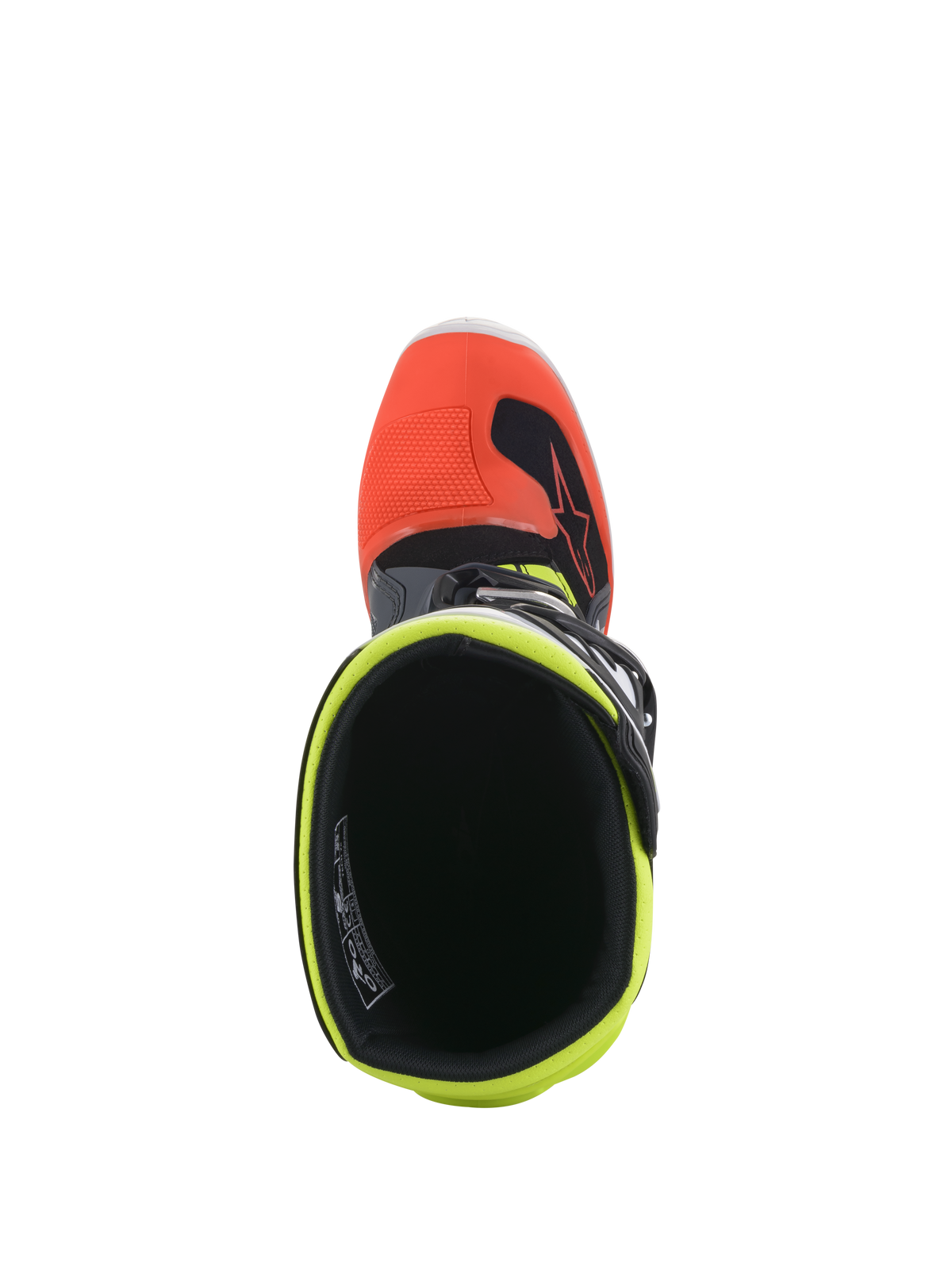 Alpinestars Youth Tech 7S støvler, motocross-støvler, mørkegrå med røde og fluorescerende gule detaljer, set oppefra med fluorescerende gult indvendigt for og rød tåkappe, designet til off-road racing til unge