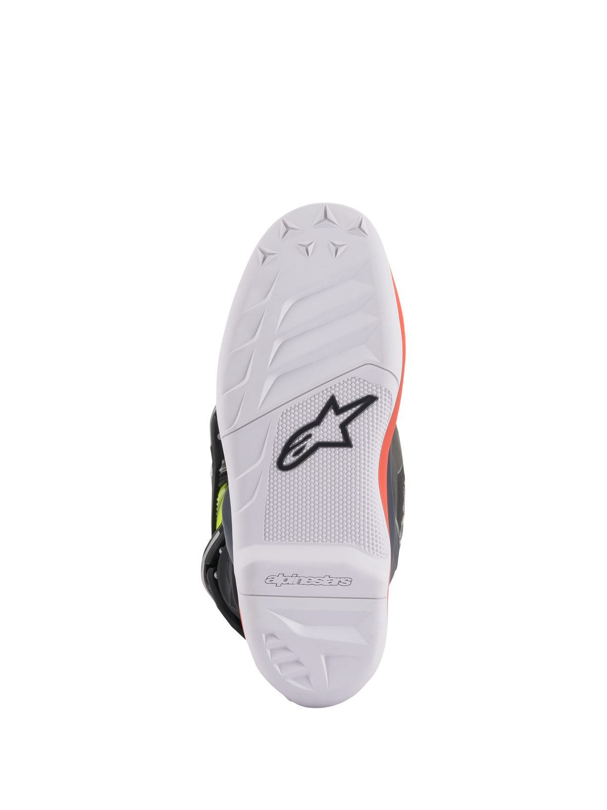 Alpinestars Youth Tech 7S støvler, motocross-støvler, mørkegrå, fluorescerende rød og fluorescerende gul, visning af undersålen viser hvid gummisål med højt greb og sort Astars-logo, holdbar konstruktion til terrænkørsel