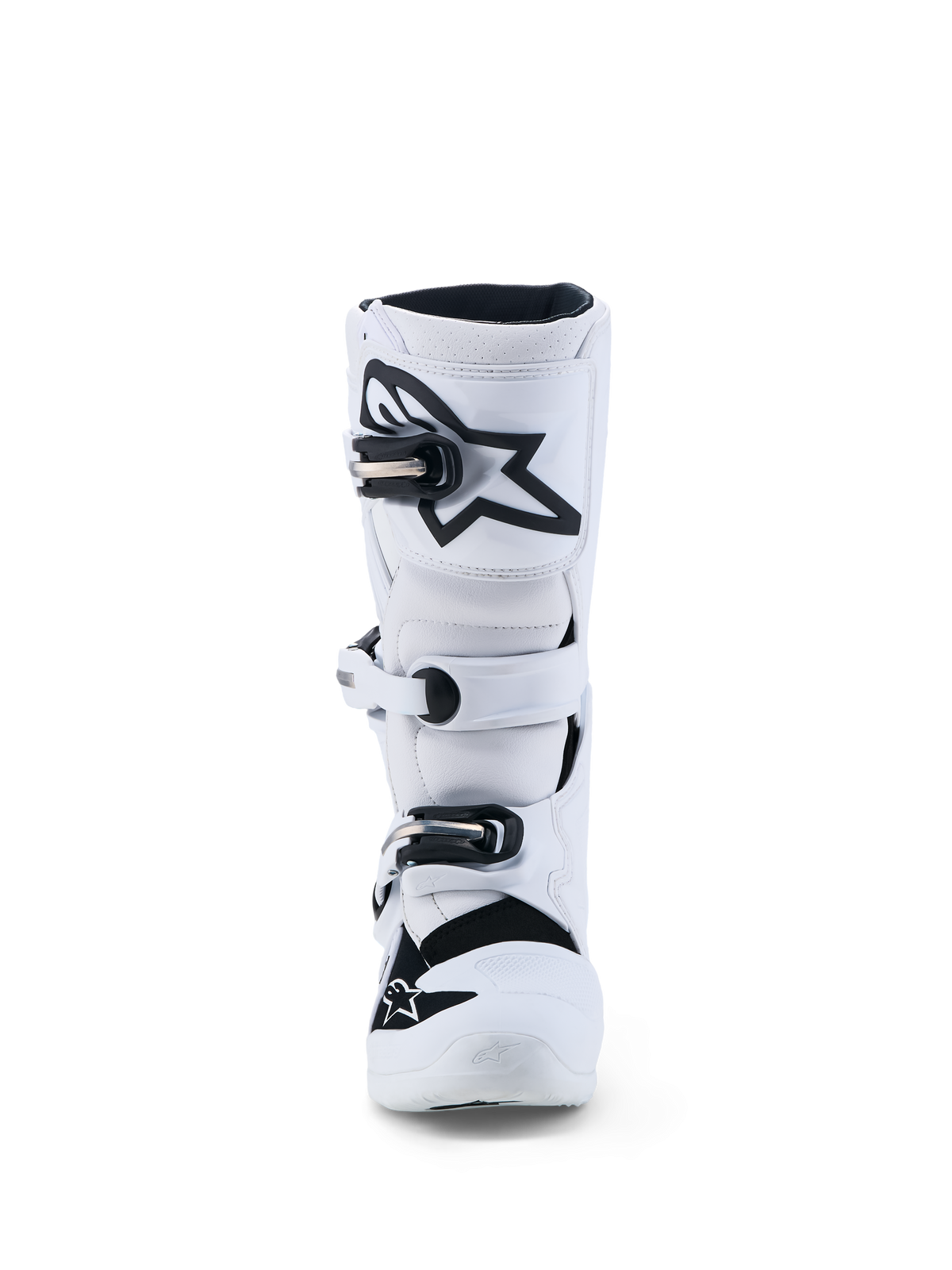Alpinestars Tech 7S Støvler Ungdom, hvide og sorte motocrossstøvler til terrænkørsel, med TPU-skinneplade og sikkert spændelukningssystem, CE-godkendt.
