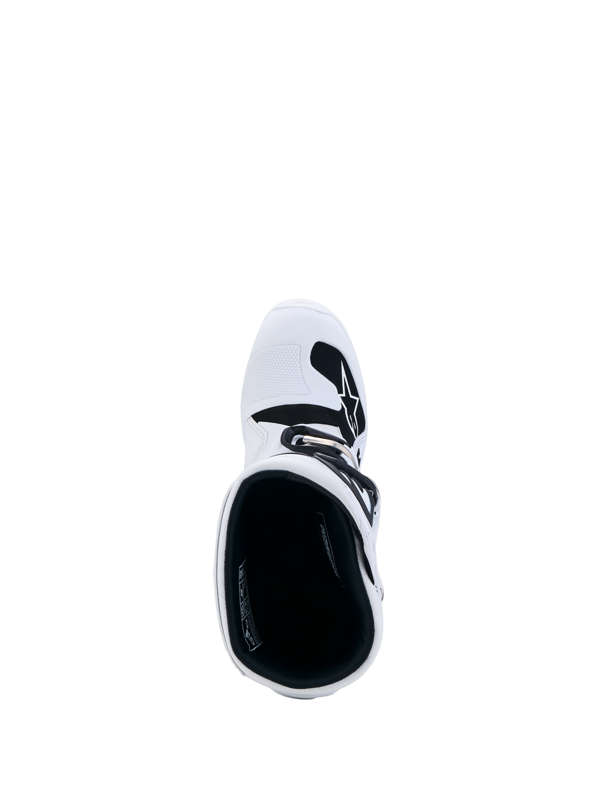 Alpinestars Tech 7S støvler ungdom, hvide motocrossstøvler set oppefra med sort polstring og hvid TPU-skinnebensplade.