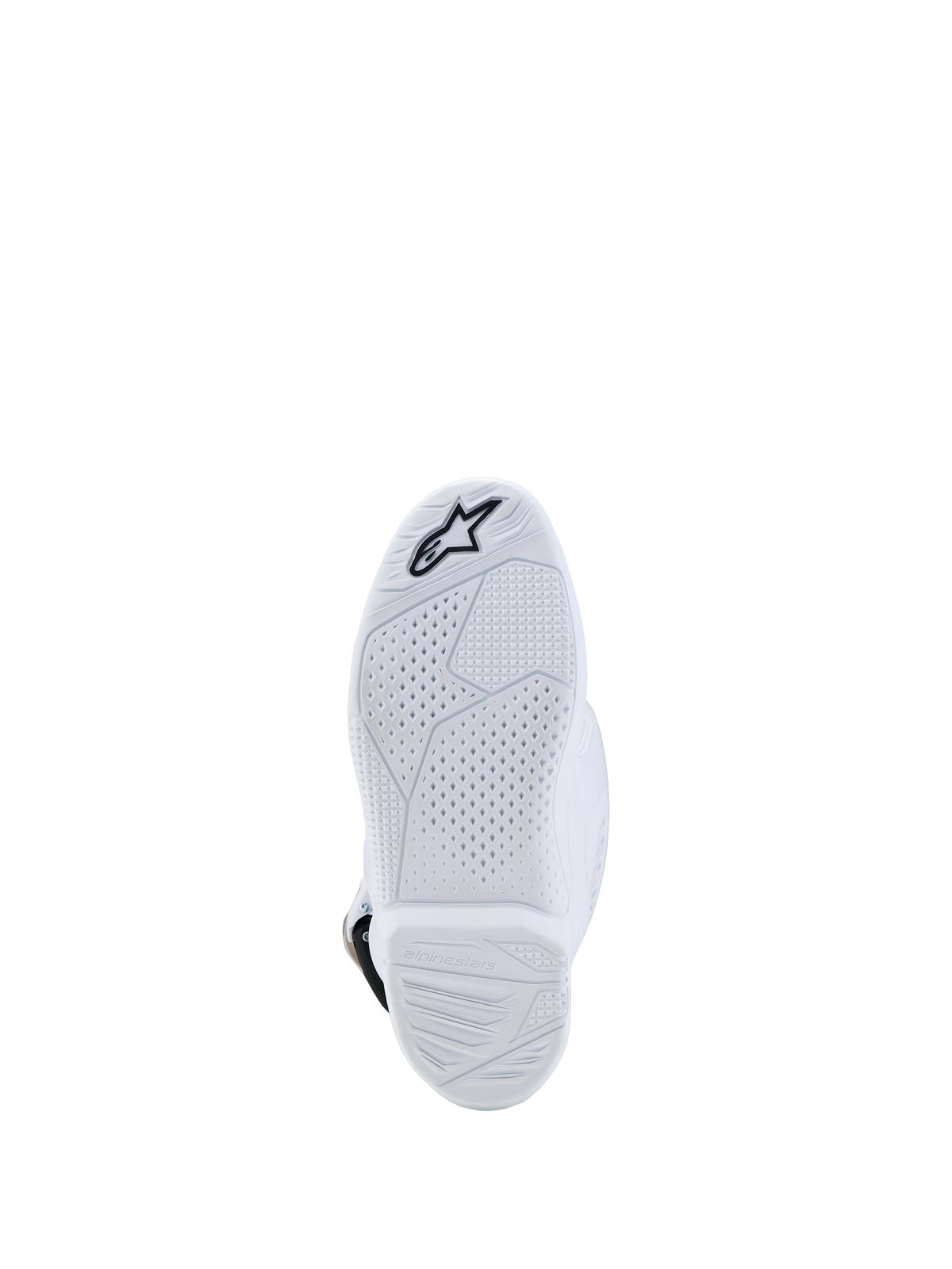 Alpinestars Tech 7S støvler ungdom, hvid motocrossstøvle set nedefra, sammensat sål med tekstureret greb og sort stjernelogo