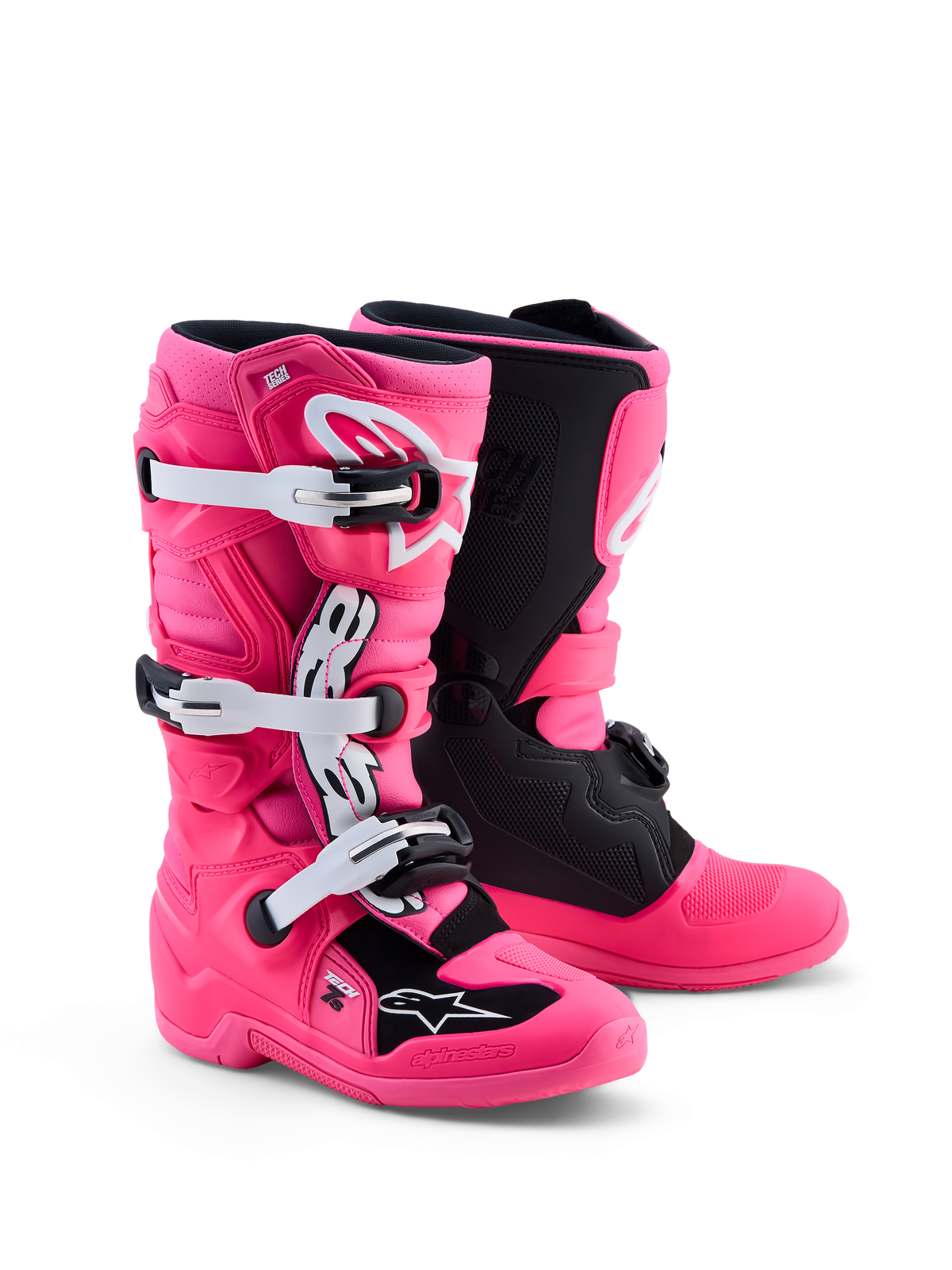 Alpinestars Tech 7S motocrossstøvler til unge, pink fluo og sort med hvide detaljer, CE-certificeret med TPU-beskyttelse.