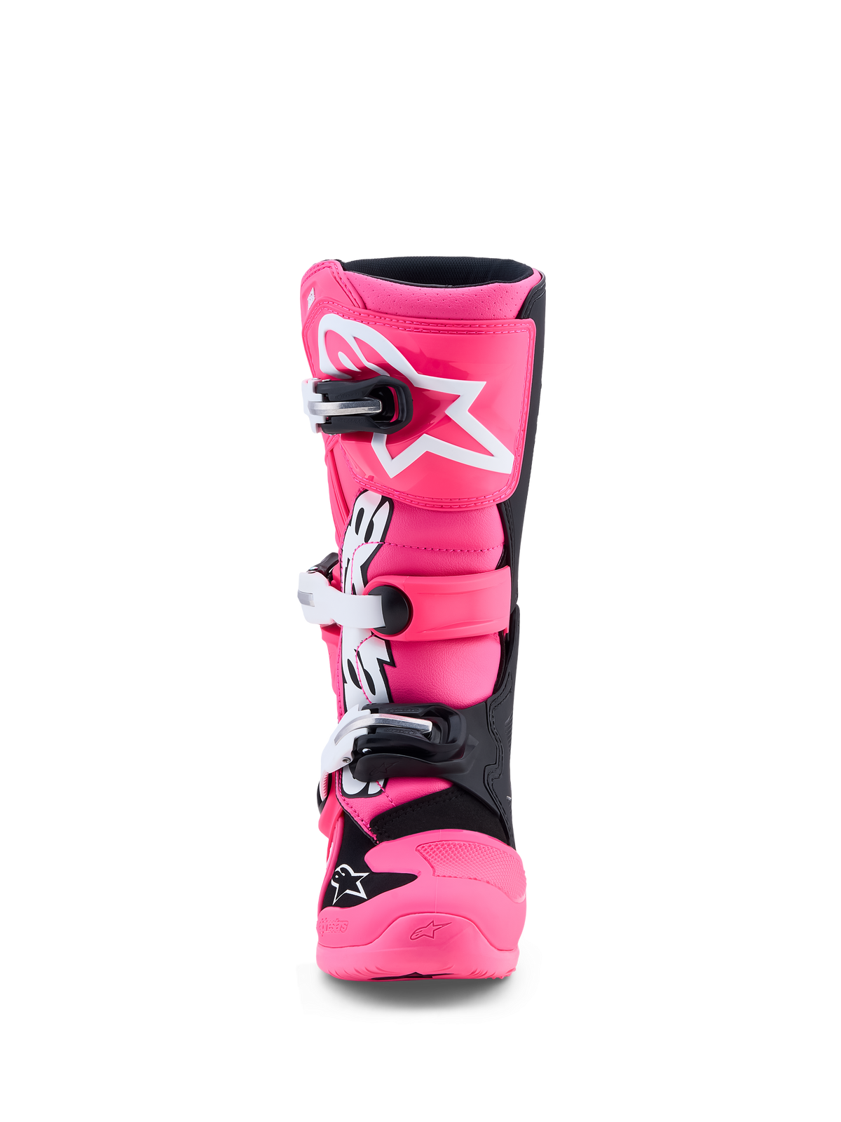 Alpinestars Tech 7S motocrossstøvler til ungdom, pink fluo og sort, TPU-skinnebensbeskyttelse og hurtigudløsende spænder.