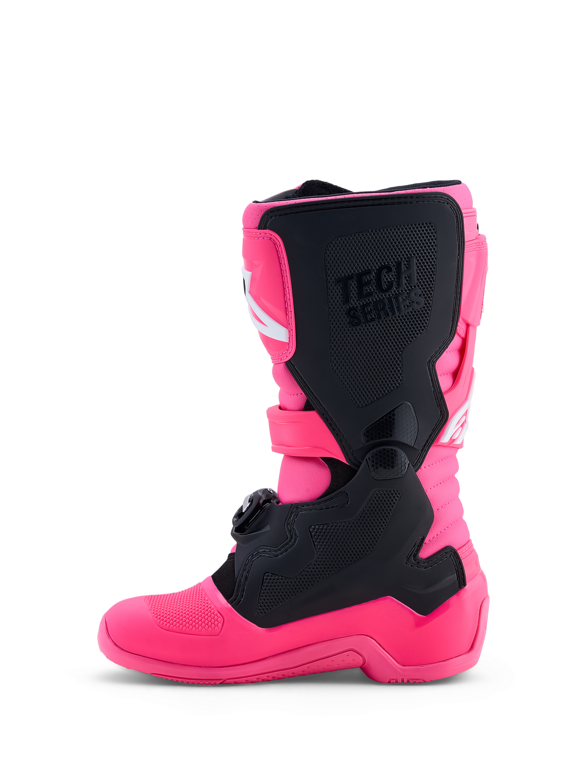Alpinestars Tech 7S motocross-støvler til ungdom, pink fluo og sort, med TPU-beskyttelse og pivotsystem til off-road kørsel