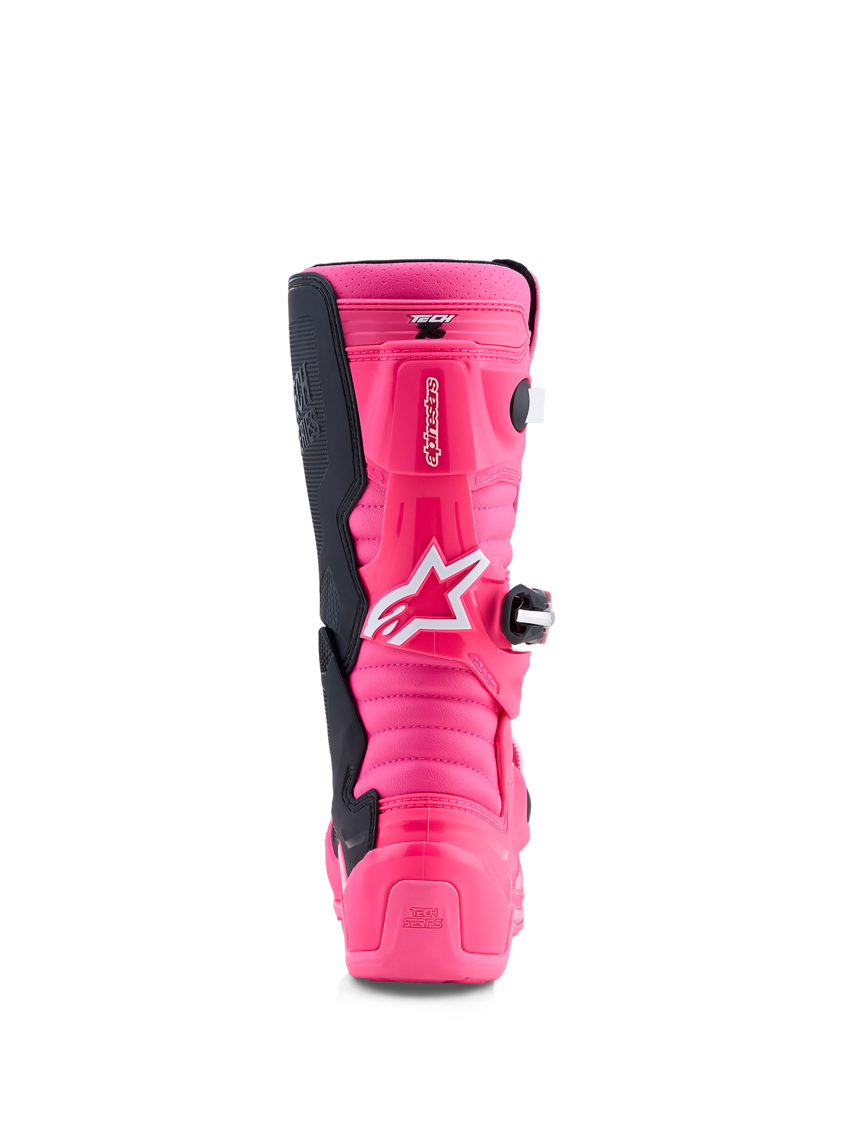 Alpinestars Tech 7S motocrossstøvler til ungdom, fluorescerende pink og sort, set bagfra med TPU og pivotsystem.