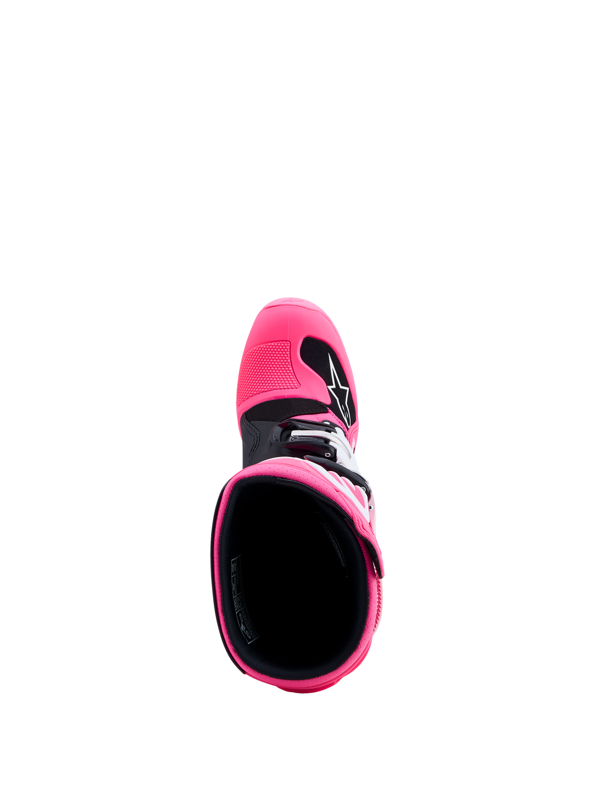 Alpinestars Tech 7S støvler ungdom, motocrossstøvler i pink og sort, set oppefra med detalje af TPU-beskyttelse.