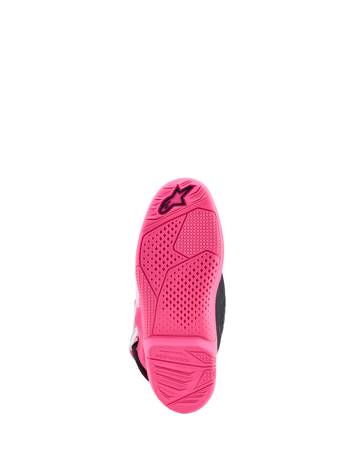 Alpinestars Tech 7S motocrossstøvler til unge, pink fluo sål med tekstureret greb og sort Astars-logo.