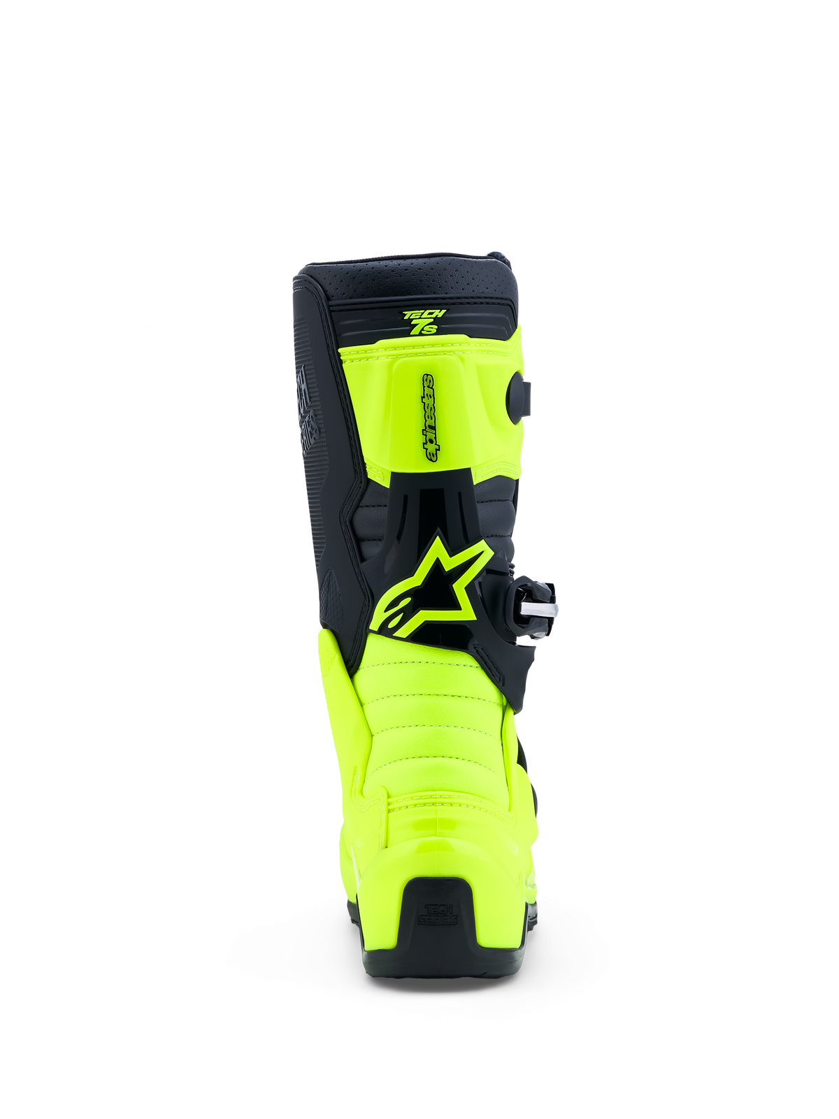 Alpinestars Tech 7S motocross-støvler til ungdom, set bagfra i gul og sort, med beskyttende TPU-paneler og Astar-logo.