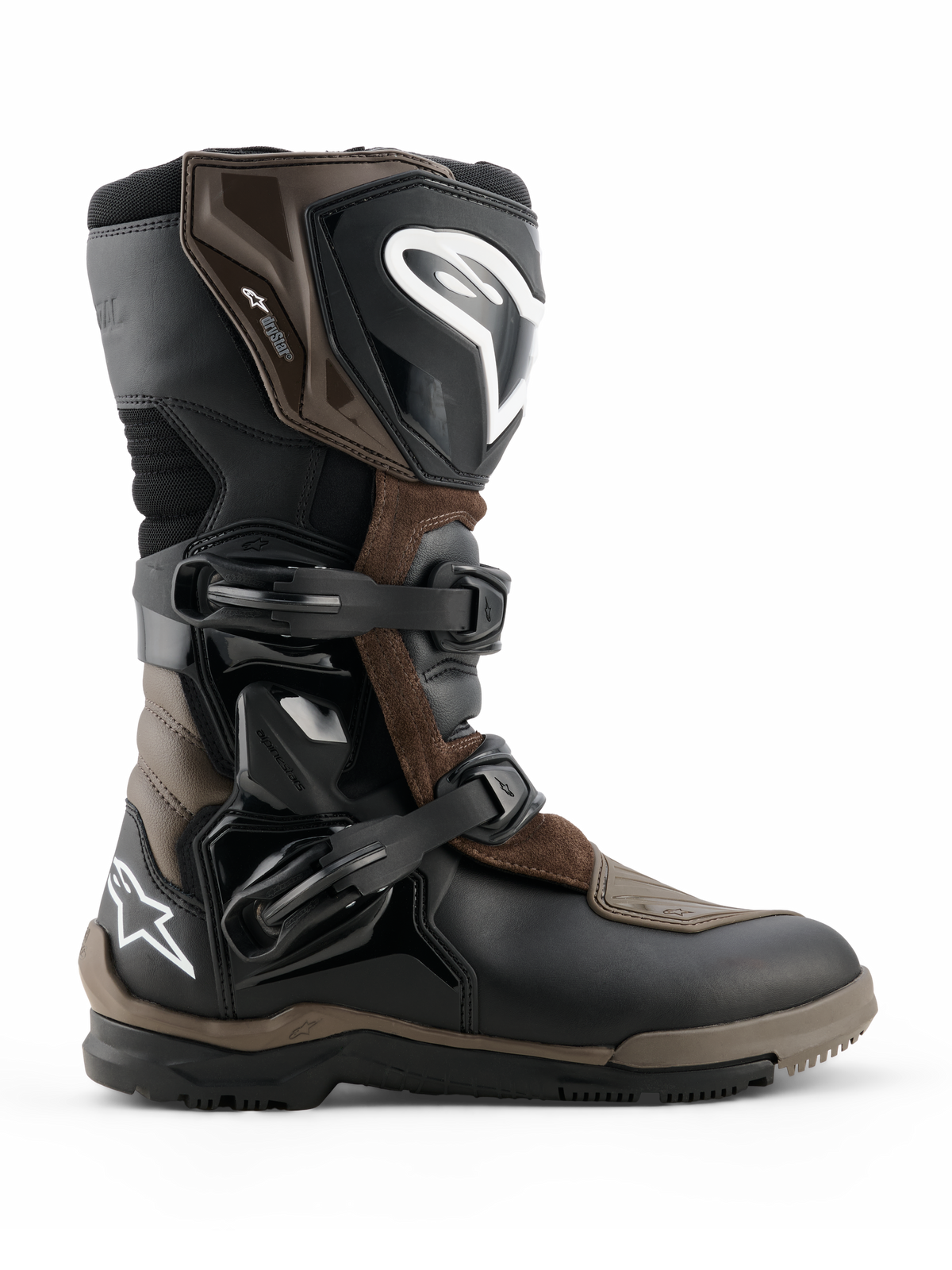Alpinestars Corozal V2 Adventure Drystar støvler, motorcykel adventure touring-støvler, brun og sort, vandtæt konstruktion med justerbare spænderemme, forstærket ankel- og skinnebensbeskyttelse, kraftig mønstret sål for greb i alt terræn