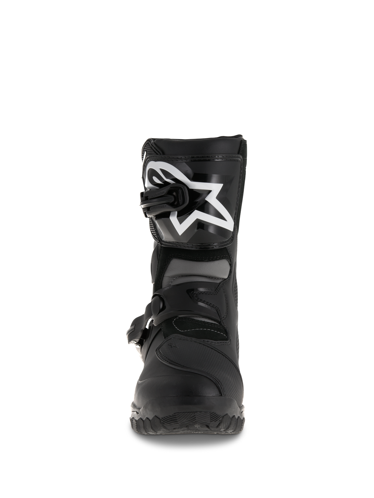 Alpinestars Belize Drystar® Boots, Adventure Touring Motorcycle Boots, Black, front view featuring TPU shin plate with large white logo, dual buckle closure system, and rugged vulcanized outsole