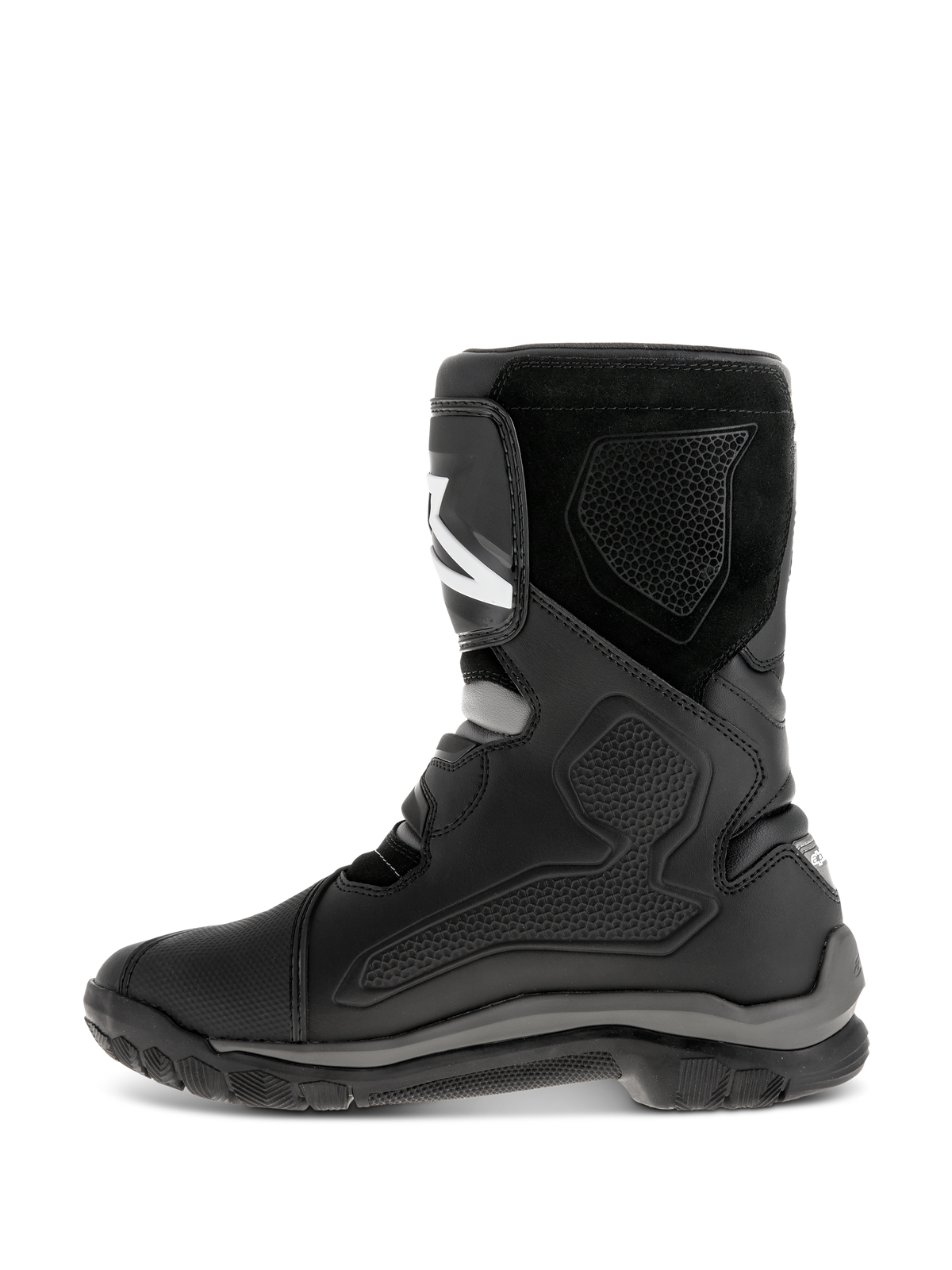 Alpinestars Belize Drystar® Boots, Black motorcycle boots, side profile view showing leather construction with TPU protection panels, suede texture, and a rugged vulcanized rubber outsole for adventure touring