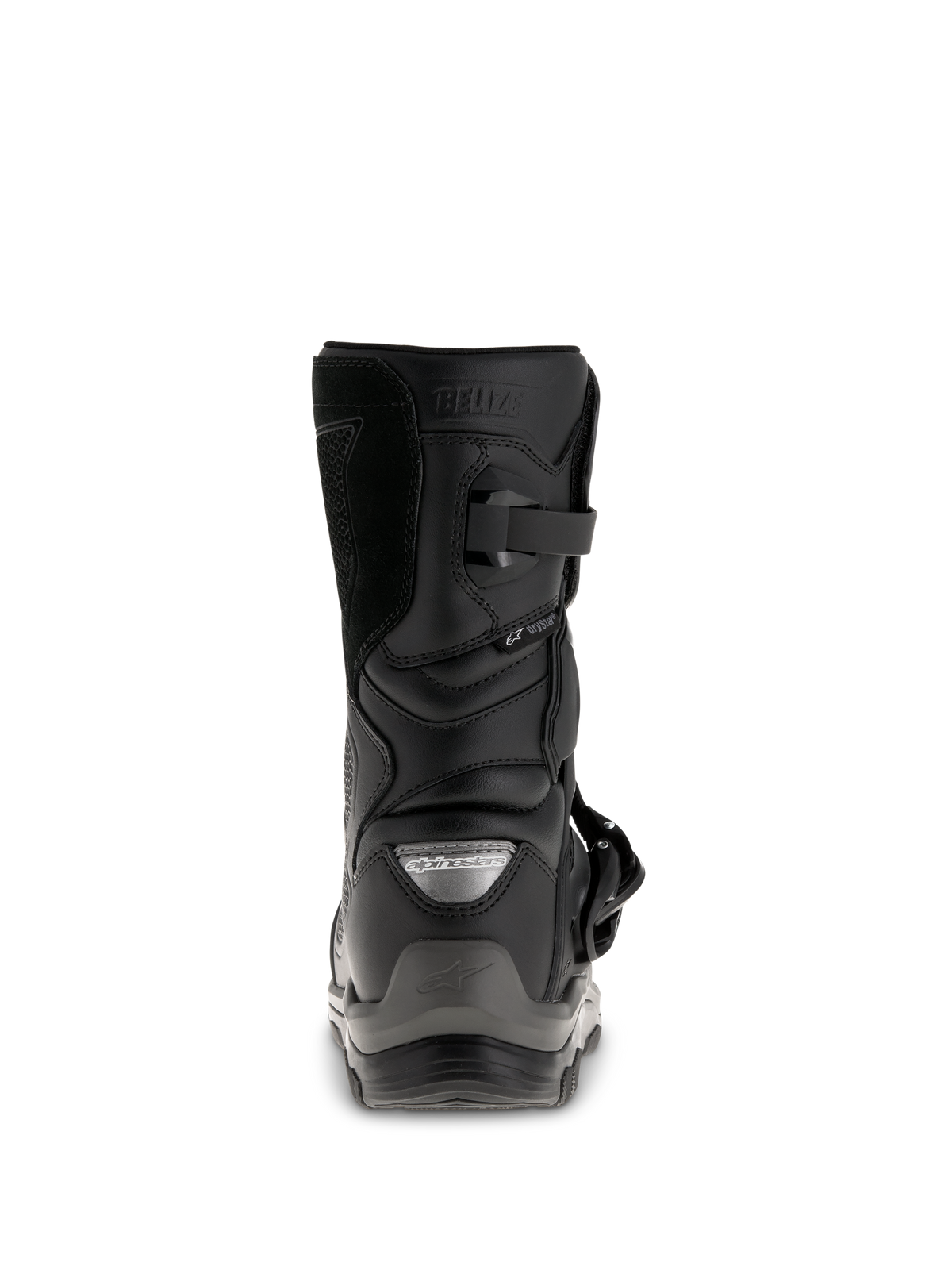 Alpinestars Belize Drystar® Boots, Black adventure touring motorcycle boots, rear view showing the heel counter, buckle closure, and waterproof Drystar® branding.