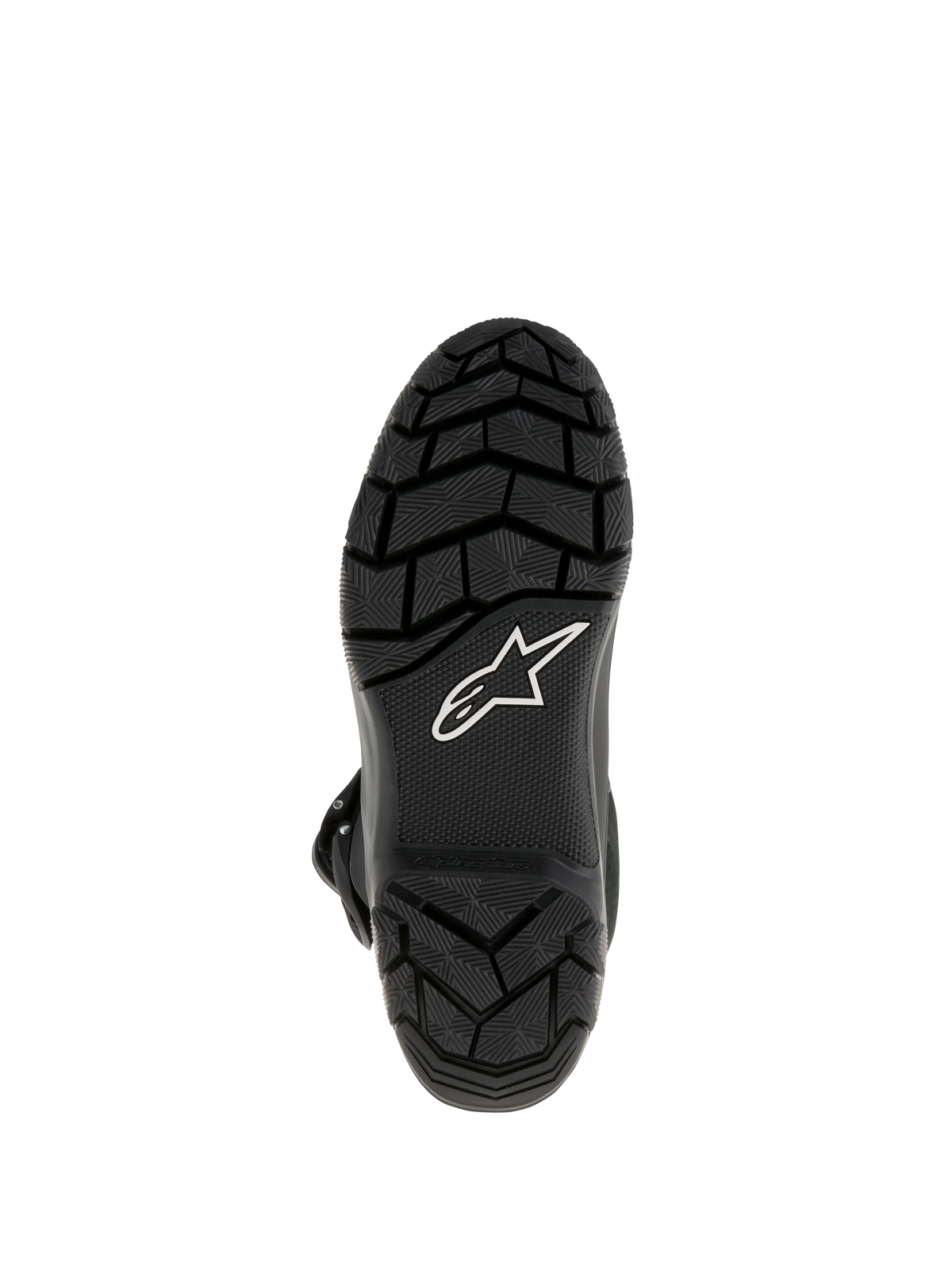 Alpinestars Belize Drystar® Boots, Adventure Touring Motorcycle Boots, bottom view showing black vulcanized rubber outsole with lugged tread pattern for superior grip and white Alpinestars star logo