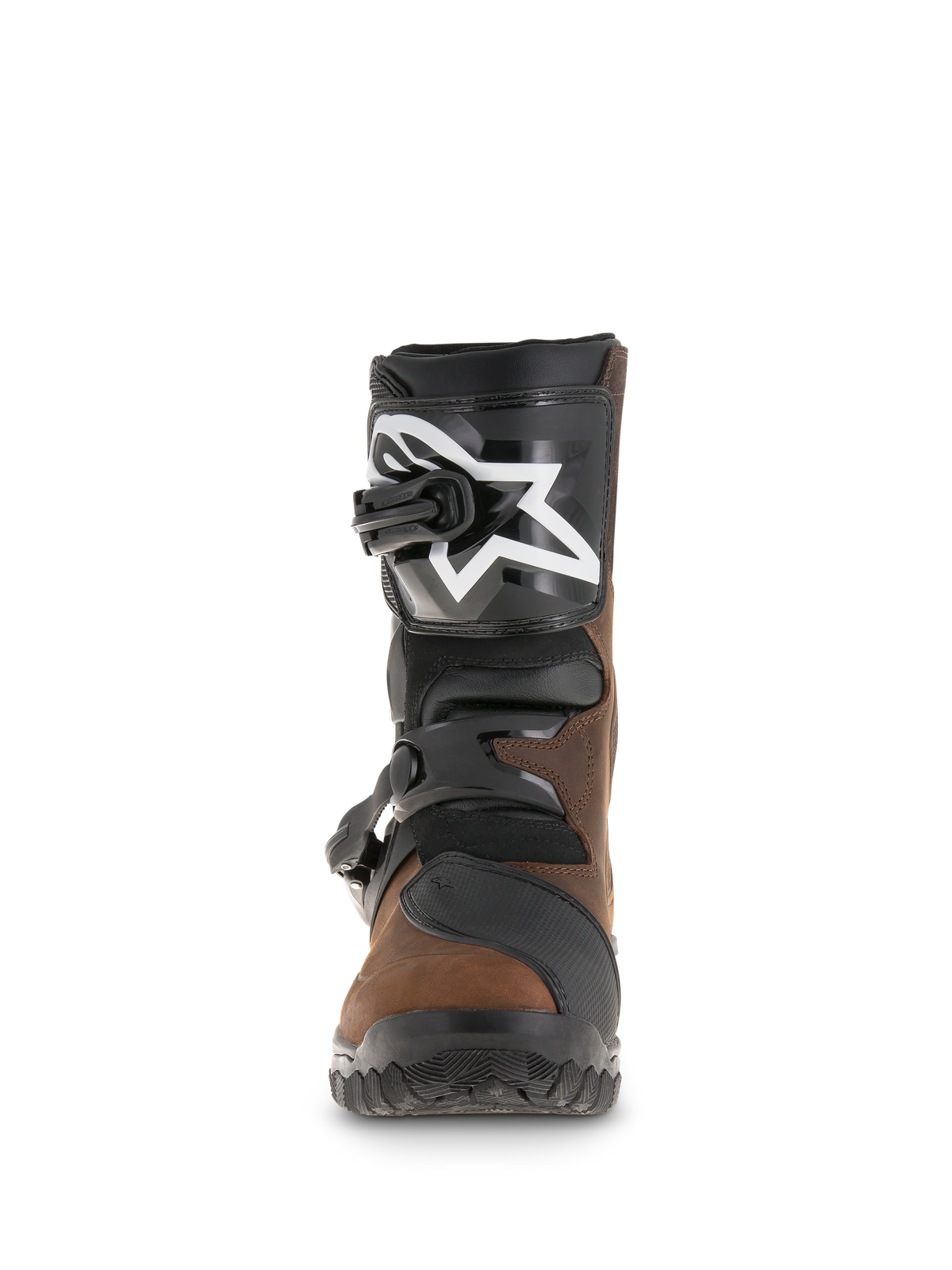 Alpinestars Belize Drystar® støvler, adventure touring-støvler, olieret brun og sort, set forfra viser TPU skinneplate med hvidt stjernelogo, dobbelt spænde-lukkesystem og robust mønstret sål