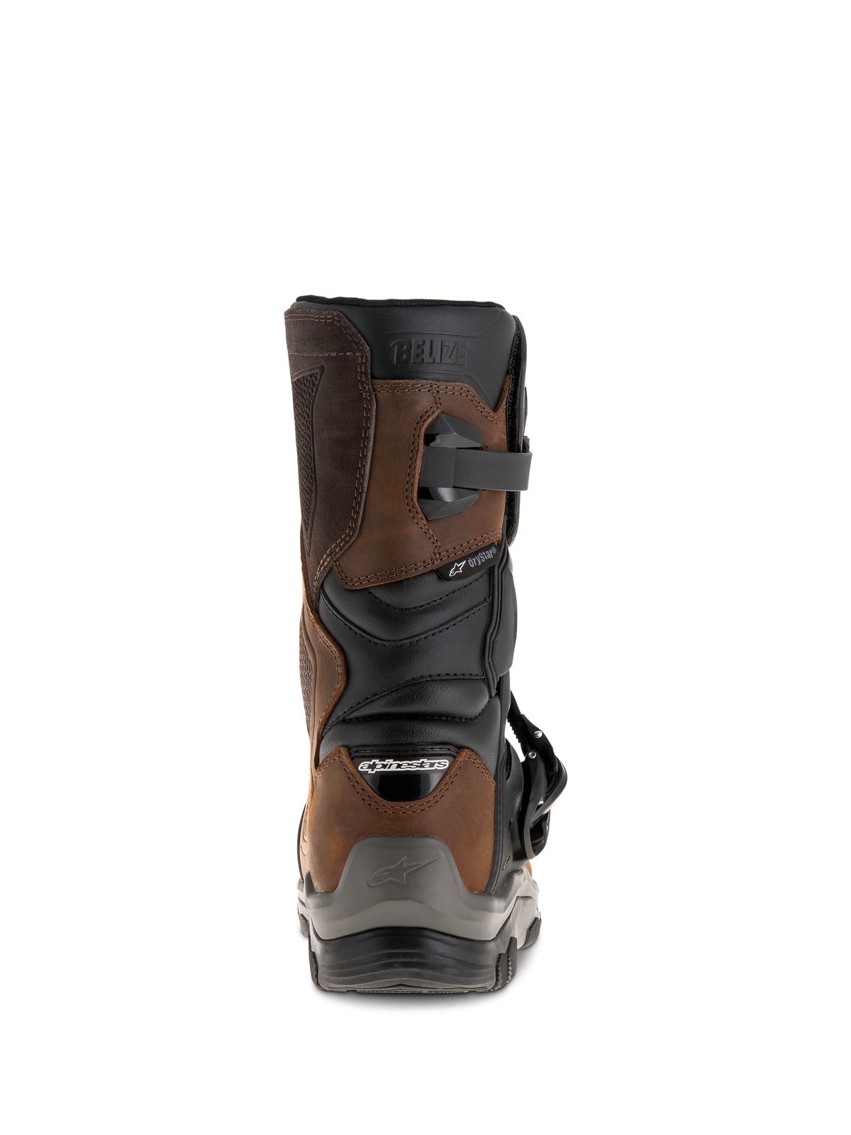 Alpinestars Belize Drystar® støvler, set bagfra, Oiled Brown og sort, vandtætte adventure touring motorcykelstøvler med kort læg-design, præget 'BELIZE'-logo og robust hælbeskytter.