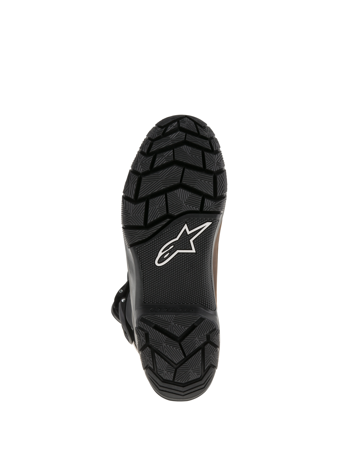 Alpinestars Belize Drystar® støvler, sort vulkaniseret gummisål med robust mønstret slidbane, hvidt Alpinestars stjernelogo, holdbart greb-design til adventure touring