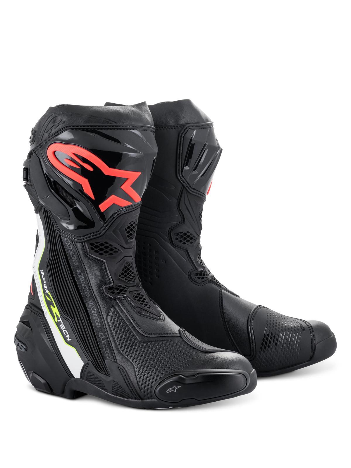 Alpinestars Supertech R støvler, højtydende motorcykel racerstøvler, sort med rødt Alpinestars-logo på skinnebenet, hvide og fluorescerende gule detaljer, med teknisk mikrofiberkonstruktion og beskyttende TPU-skinneplader
