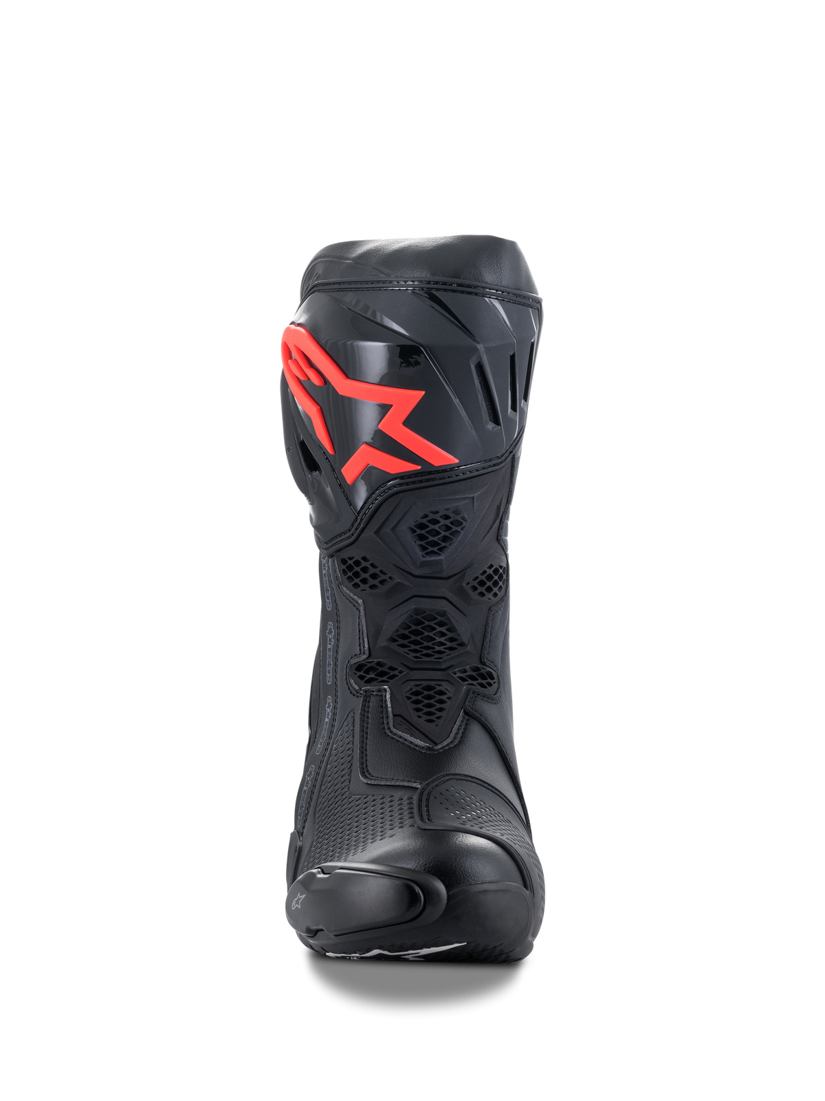 Alpinestars Supertech R-støvler, højtydende racing-motorcykelstøvler, sort med rødt logo, set forfra med en beskyttende TPU-skinnebensplade, honeycomb-mesh-ventilation og aerodynamisk racingdesign