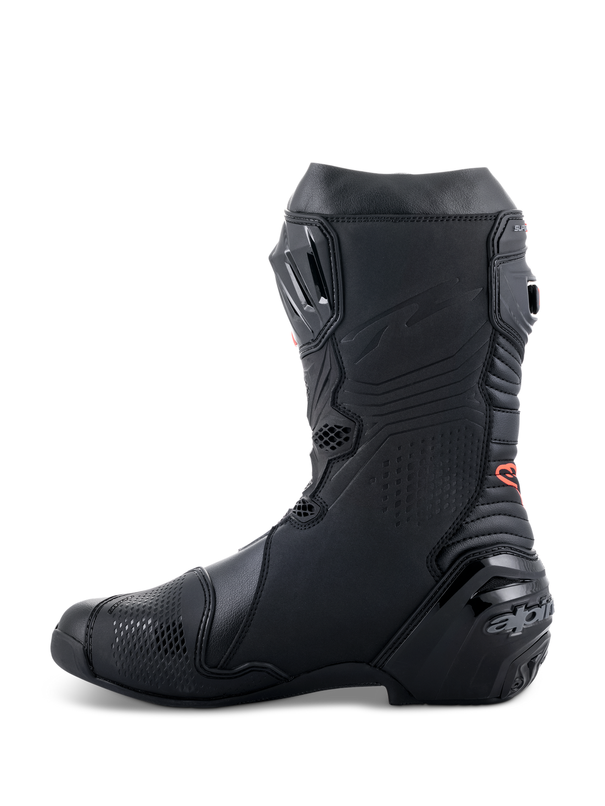 Alpinestars Supertech R-støvler, højtydende motorcykelracerstøvler, strømlinet helt sort design med rød logodetalje, sideprofil med forstærket hæl og TPU-beskyttelsespaneler