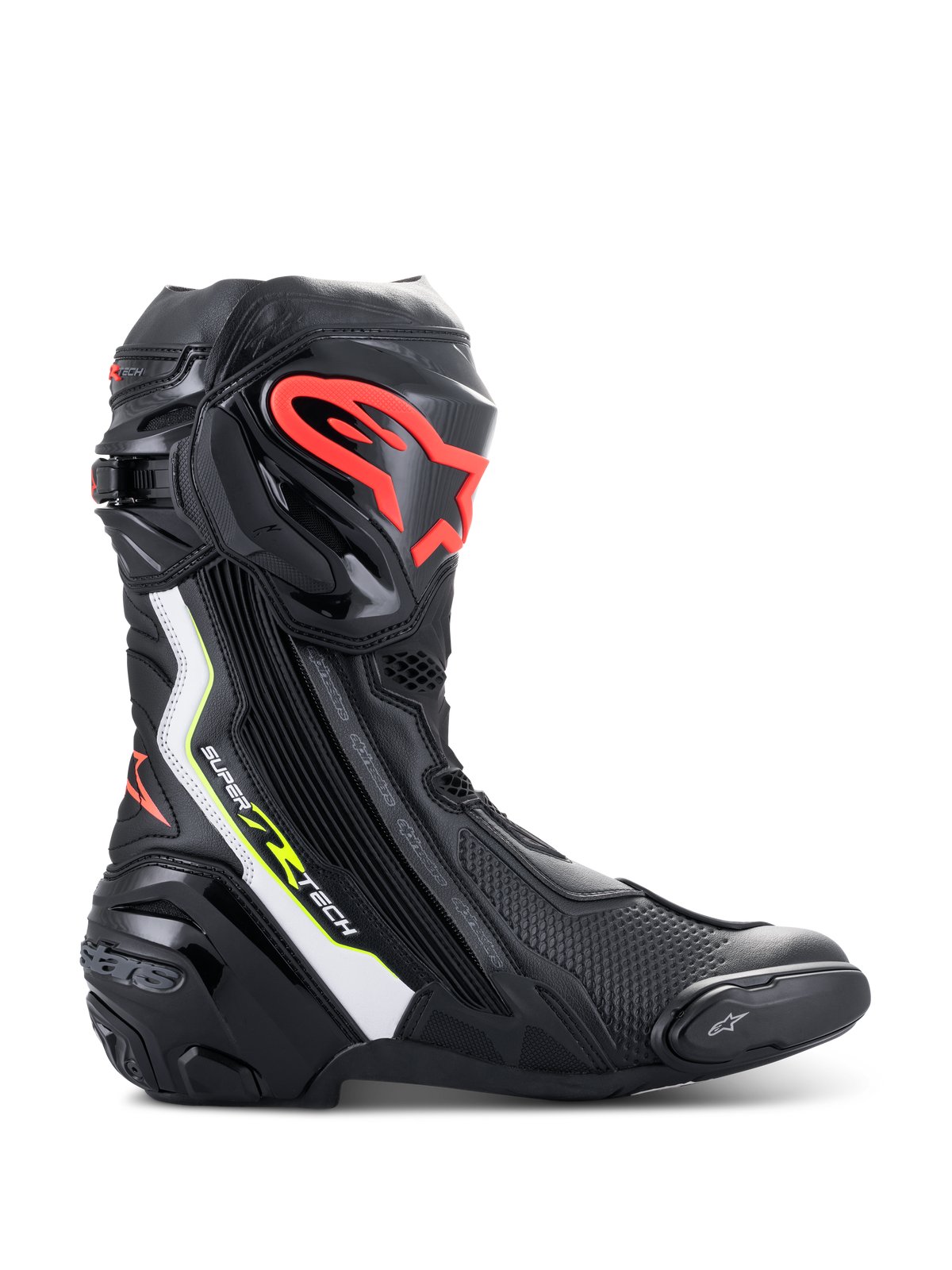 Alpinestars Supertech R støvler, højtydende motorcykelracerstøvler i sort med hvide, rød fluo og gul fluo detaljer, beskyttende TPU-skinneplade med rødt logo, udskiftelig tåslider ogstrømlinet aerodynamisk profil