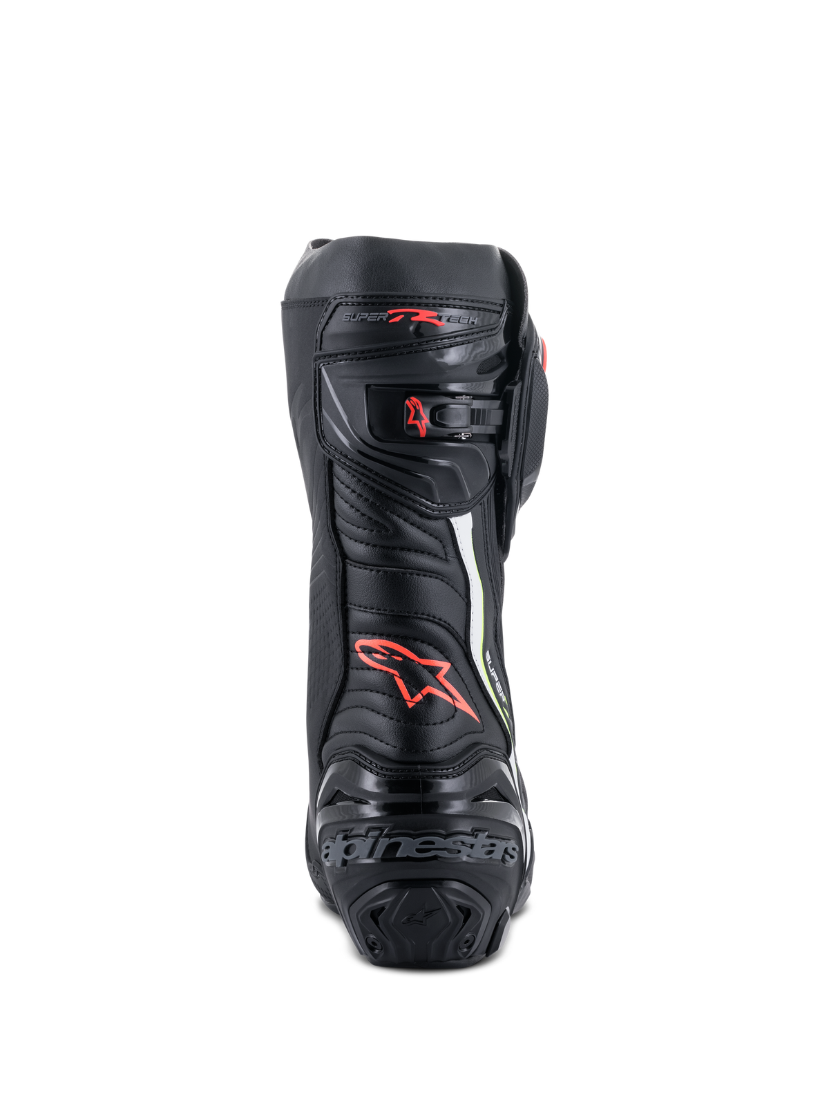 Alpinestars Supertech R støvler, højtydende racing motorcykelstøvler, set bagfra i sort med røde og neongule detaljer, TPU-hælbeskyttelse, mikrojusterbar skraldelukning, signatur-branding