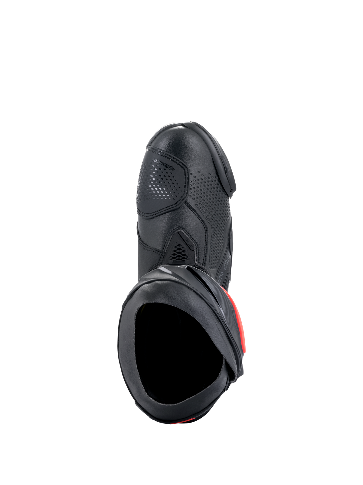 Alpinestars Supertech R støvler, performance motorcykel racerstøvler, sort med røde detaljer, set fra oven der viser mikrofiber-overdel, perforeret tekstur, TPU-gearskiftezone og sikker indgangsåbning.