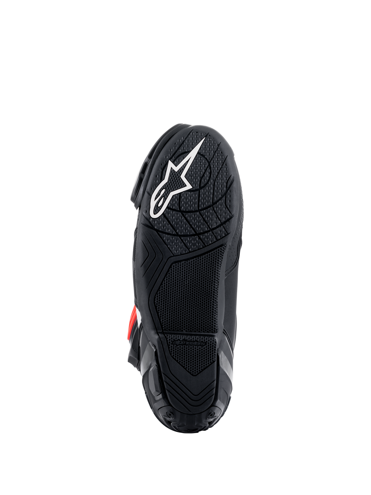 Alpinestars Supertech R støvler, sål set fra bunden, sort letvægtsgummiblanding med tekstureret grebsmønster, hvidt Alpinestars stjernelogo, højtydende motorcykelracerfodtøj