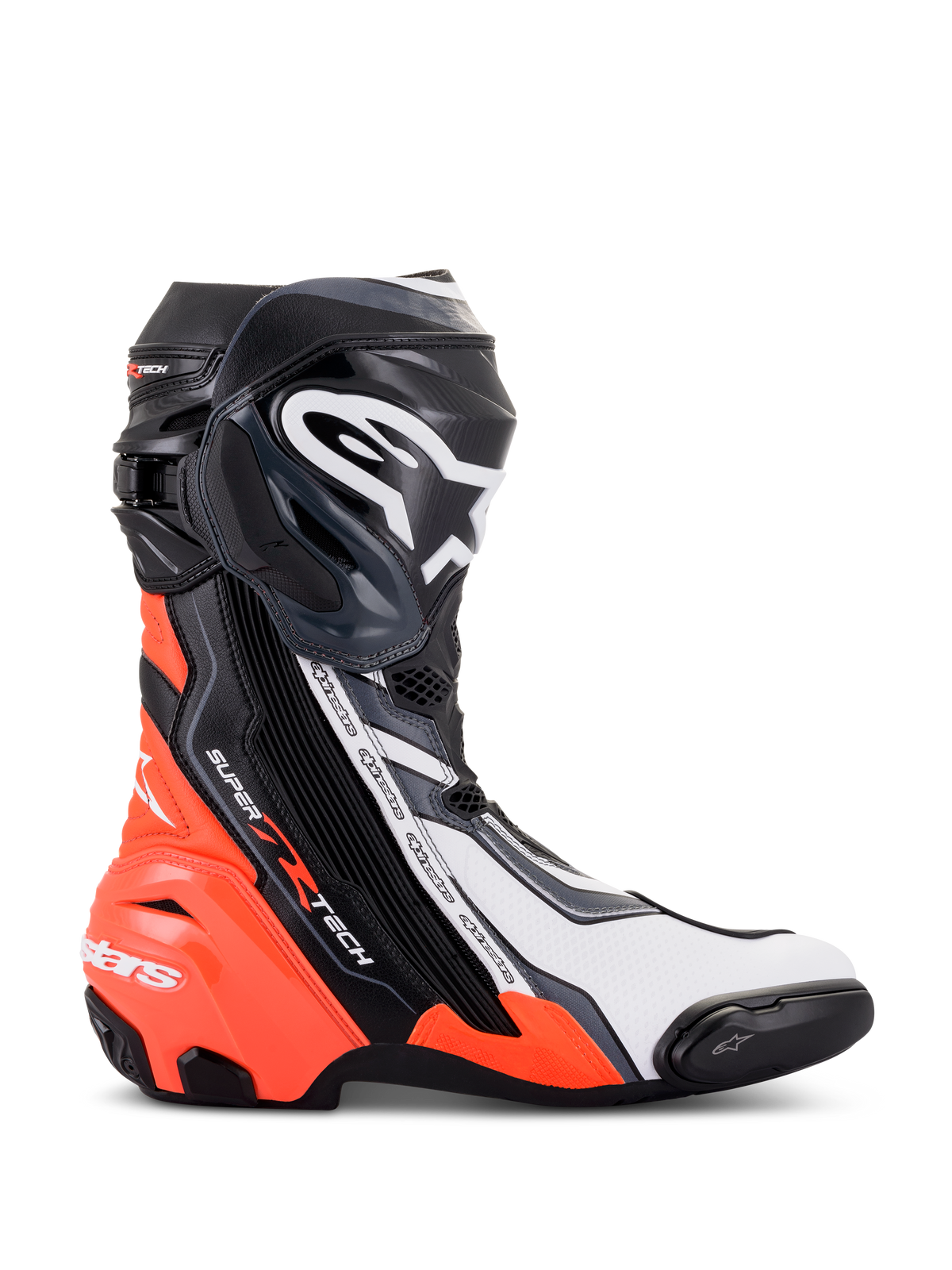 Alpinestars Supertech R-støvler, højtydende motorcykelfodtøj til racing, Sort Rød Fluo Hvid og Grå, profilvisning der viser TPU-skinnebensplade og tåslider, aerodynamisk design med markant branding til bane- og vejbrug.