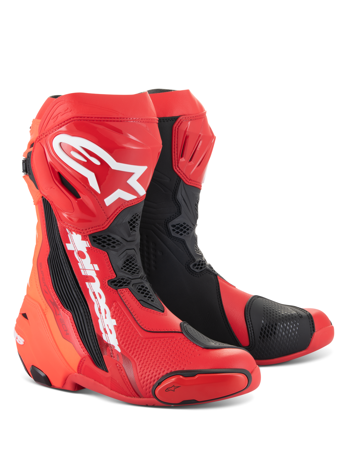 Alpinestars Supertech R støvler, motorcykel racingstøvler, lys rød og rød fluo med sorte og hvide detaljer, hvide Alpinestars-logoer på skinnebenet, forstærkede beskyttelsesplader og udskiftelige tåslidere, højtydende fodtøj til sport og racing