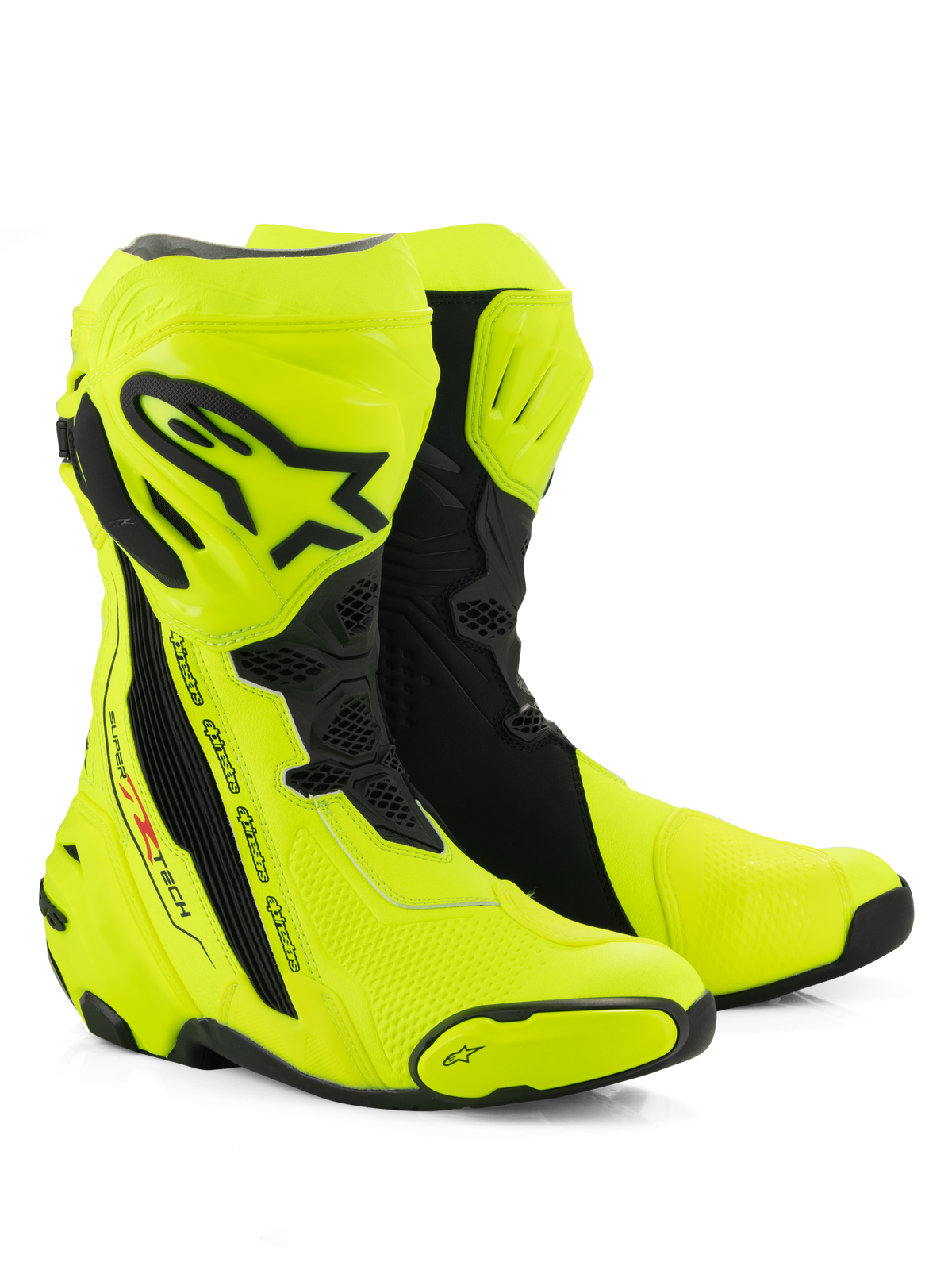 Alpinestars Supertech R Boots, Motorcycle Racing Boots, Yellow Fluo and Black, featuring a protective shin plate with Alpinestars logo, flexible accordion panels, and reinforced toe sliders on a white background